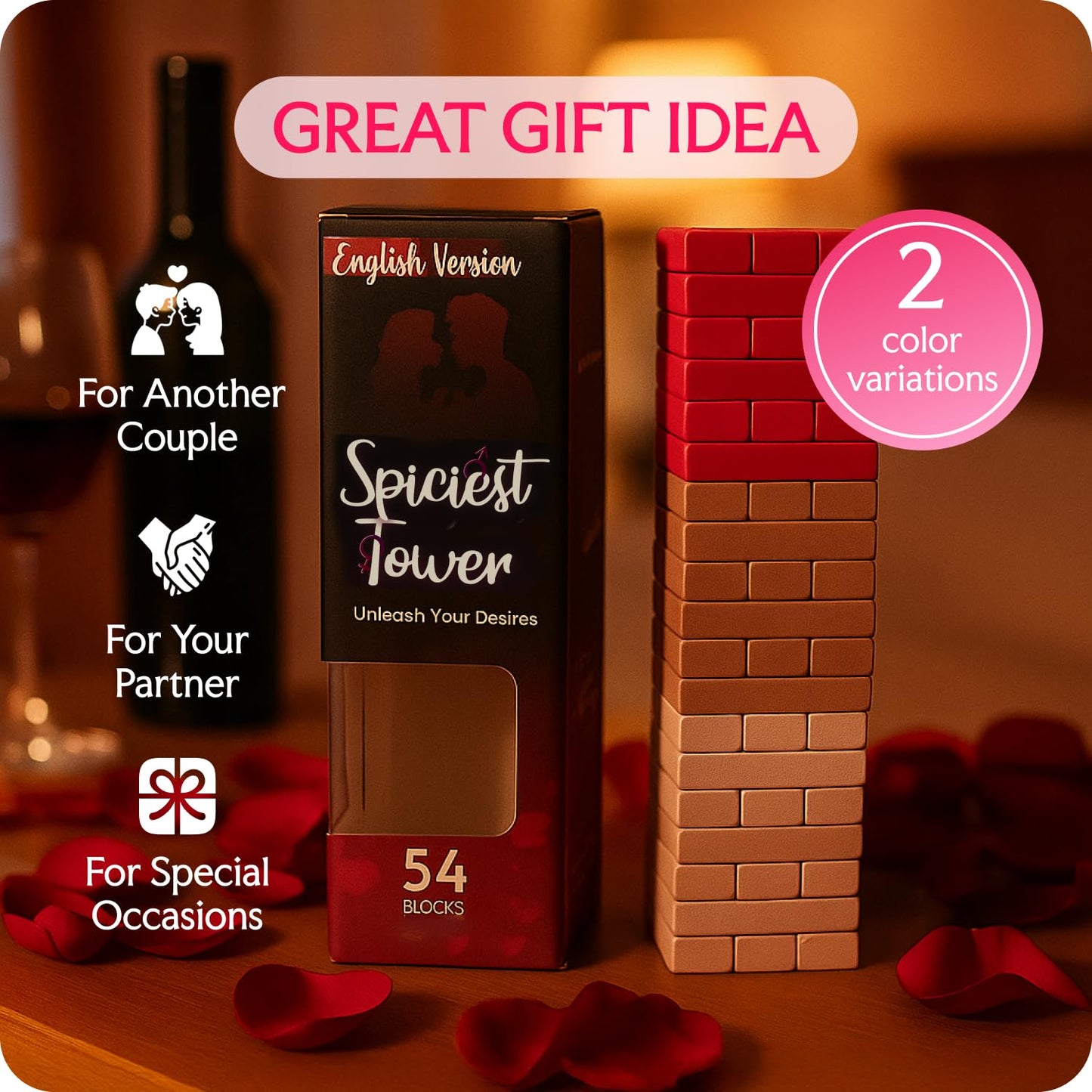 The Sensual Lab 54 Pink Blocks – Spicy Adult Tower Game for Couples & Date Nights