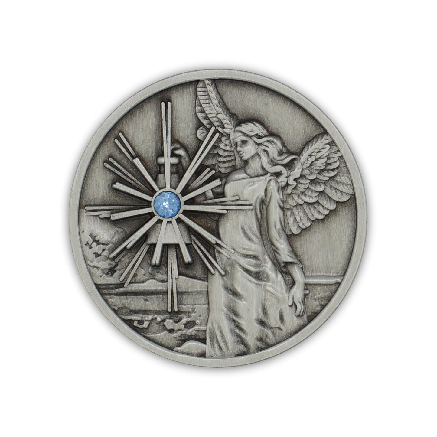 The Token Shop Pewter Guardian Angel Coin – Aqua Crystal Medallion