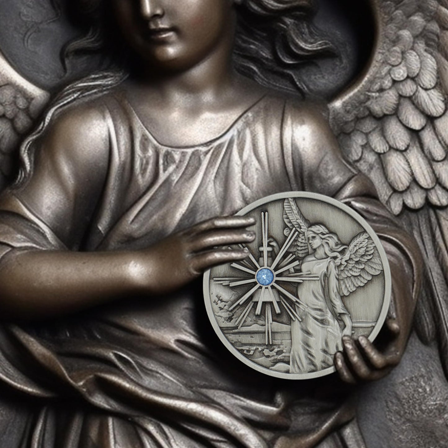 The Token Shop Pewter Guardian Angel Coin – Aqua Crystal Medallion