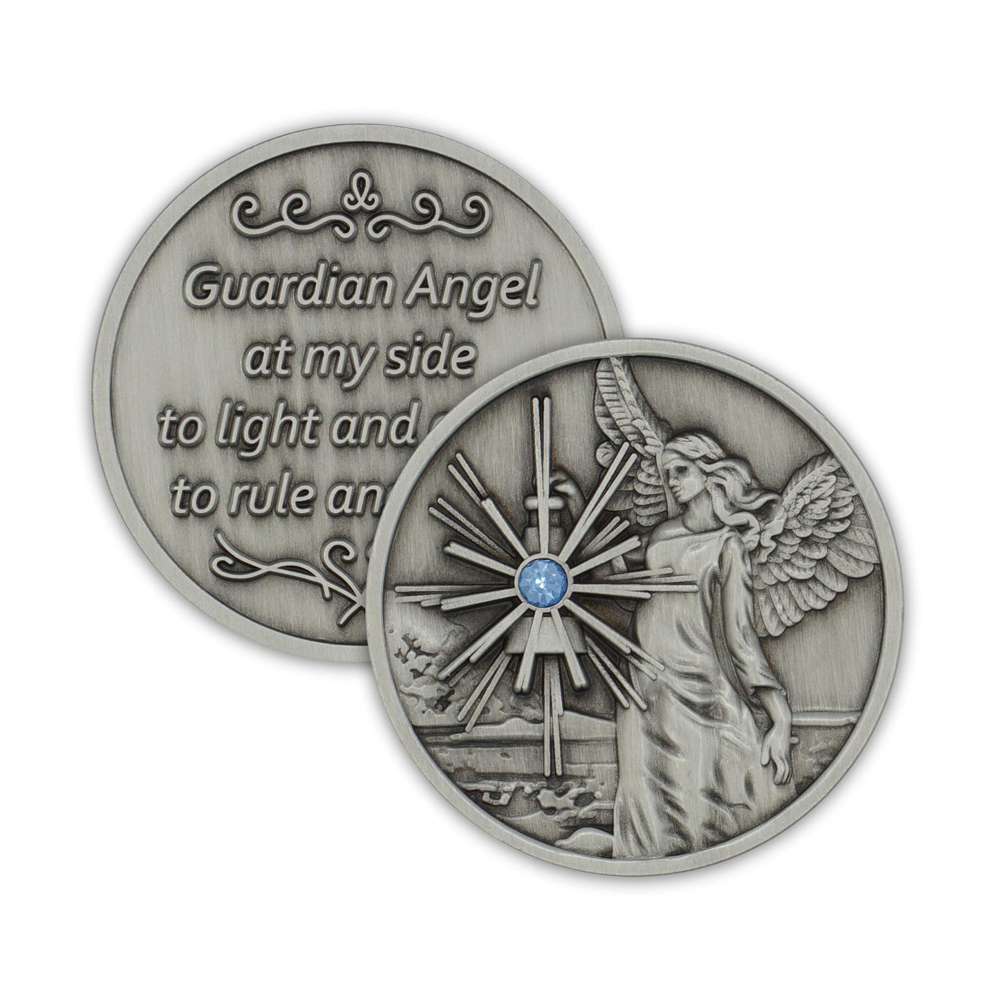 The Token Shop Pewter Guardian Angel Coin – Aqua Crystal Medallion