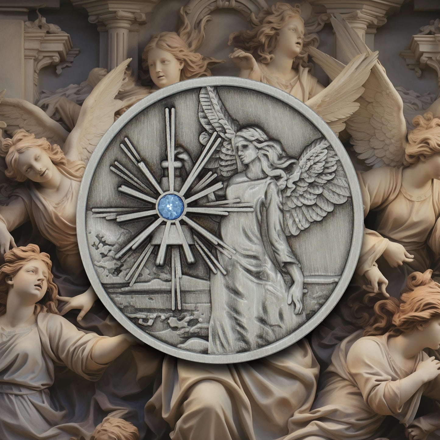 The Token Shop Pewter Guardian Angel Coin – Aqua Crystal Medallion