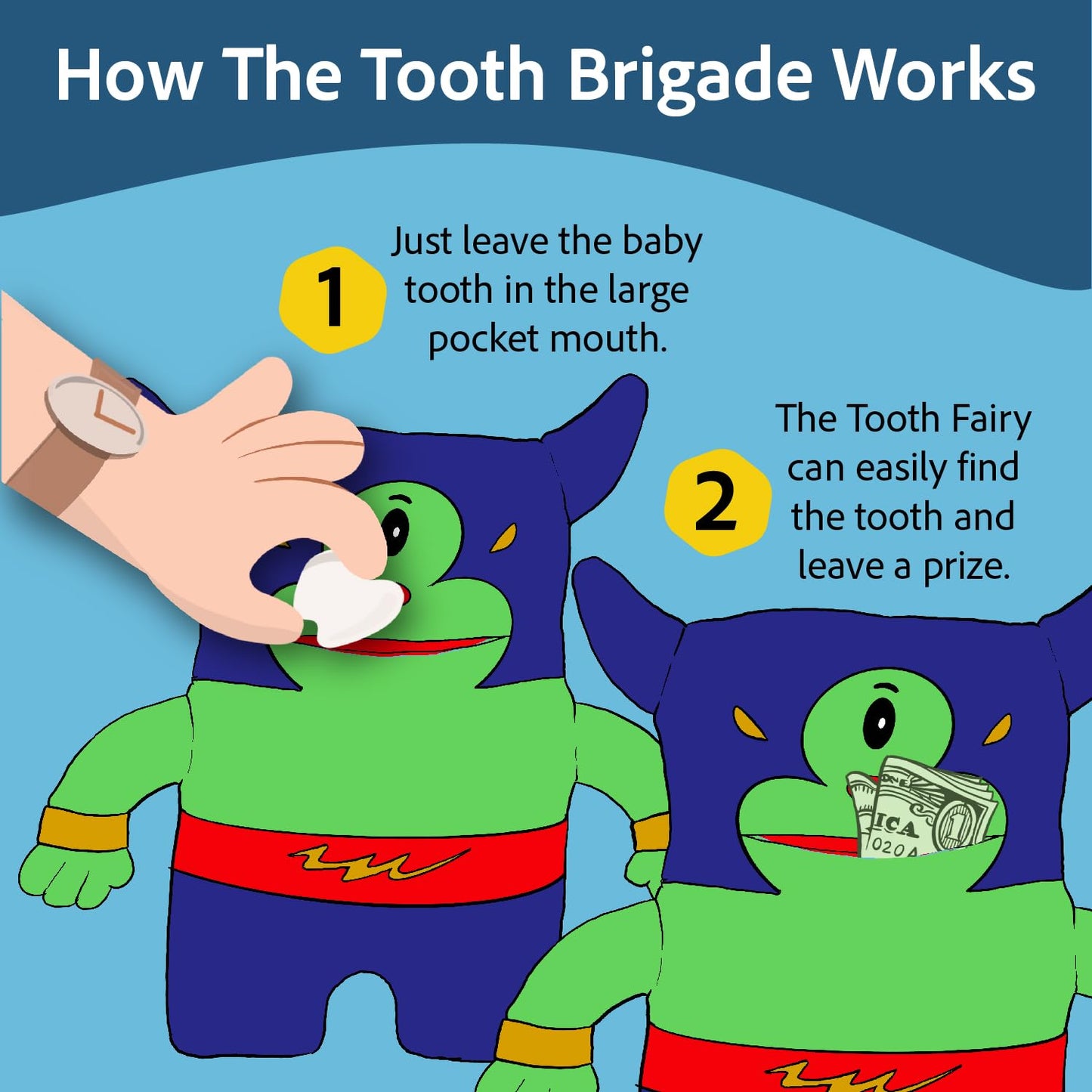 The Tooth Brigade Tooth Fairy Pillow Plush Potato Monster with Large Mouth Pocket for Prizes