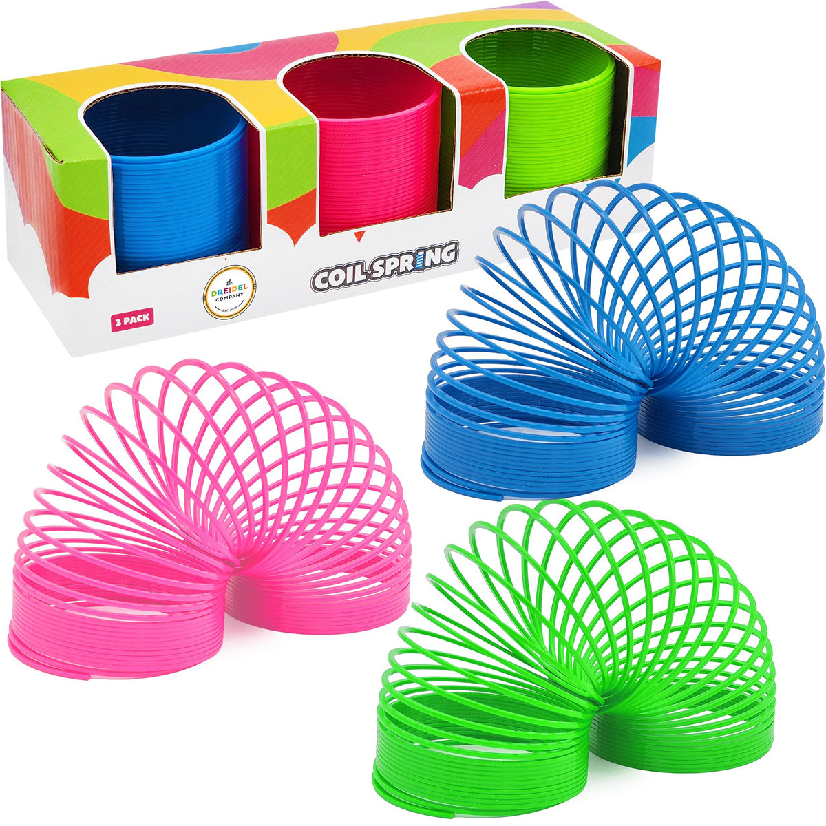 The Dreidel Company Neon Plastic Multicolor Coil Spring – Party Favors & Goody Bag Fillers, 3-Inch (80mm), 3-Pack