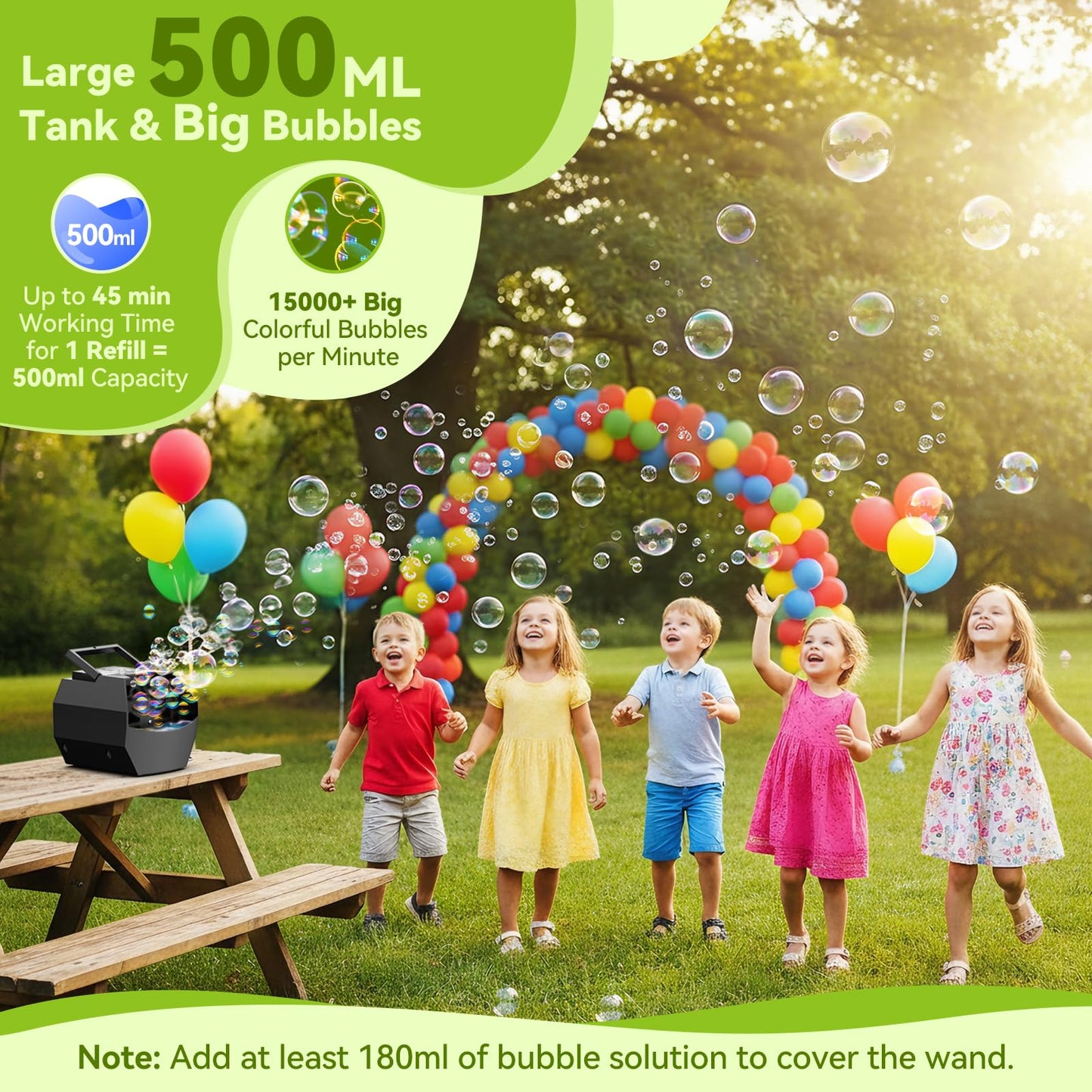 Theefun Bubble Machine 500ML – Auto Bubble Blower, 15,000 Bubbles/Min, Battery or USB Powered