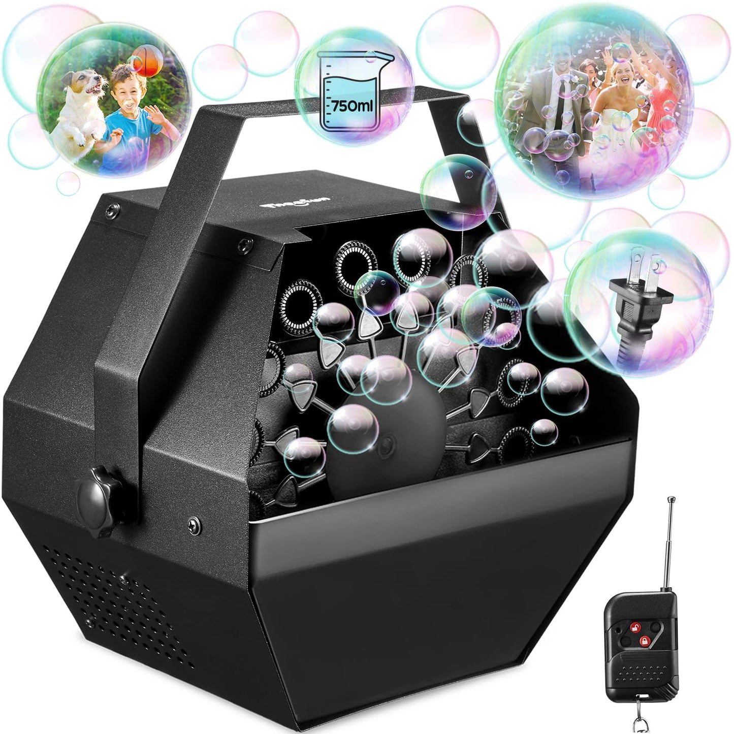 Theefun Bubble Machine with Remote Control — 750ML Metal Bubble Blower for Parties, Weddings & Events