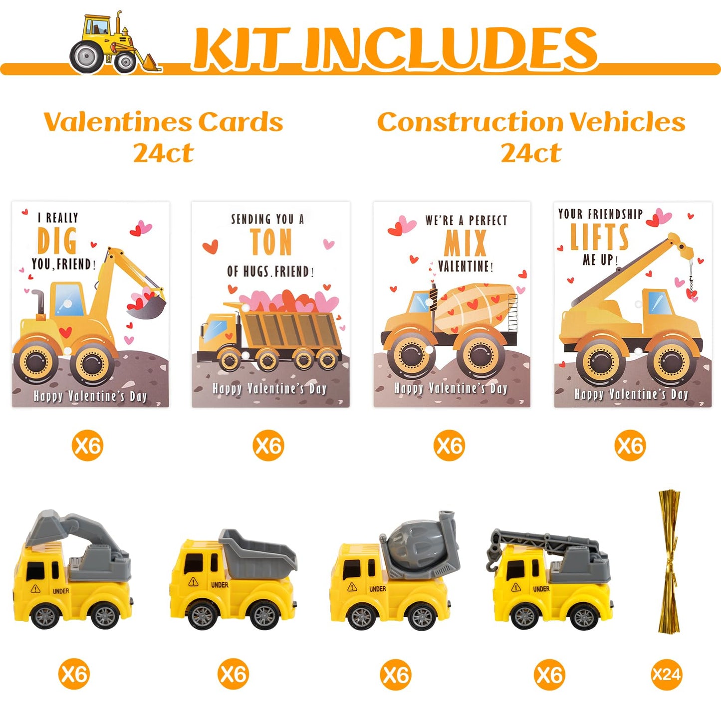 Thigreact Valentines Cards for Kids – 24 Truck Cards Bulk for Classroom & Party Favors