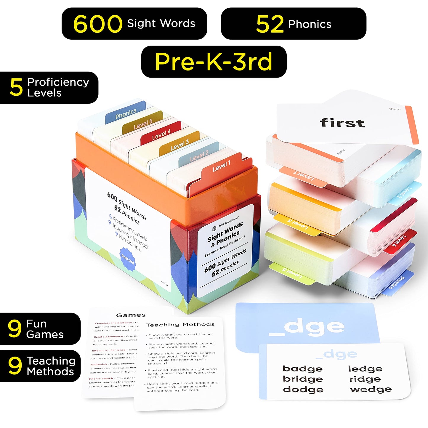 Think Tank Scholar – Award-Winning 652 Sight Words & Phonics Flash Cards for Preschool–3rd Grade (Dolch & Fry)