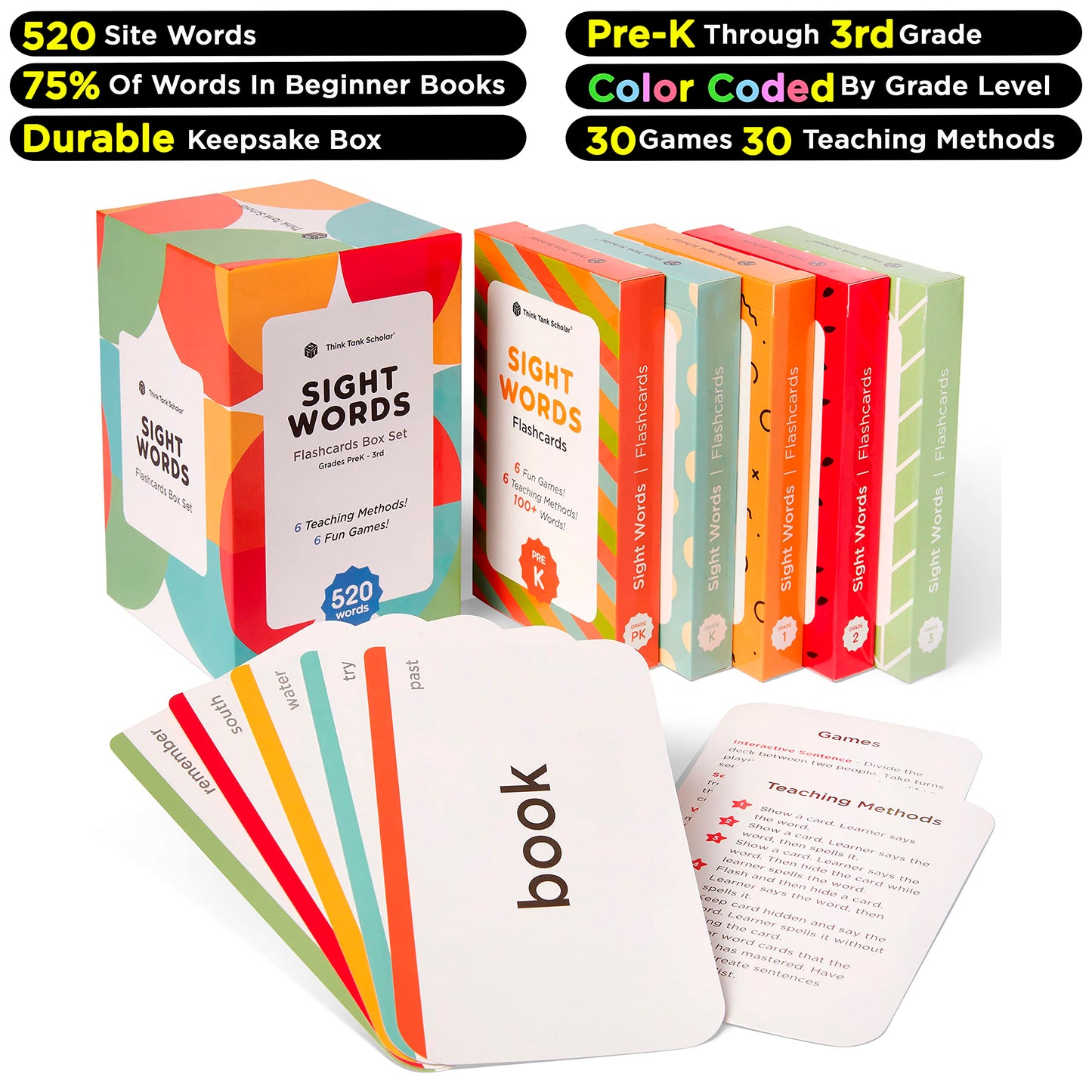 Award-Winning Think Tank Scholar Sight Words Flash Cards – 520 High-Frequency Words for Ages 3–9