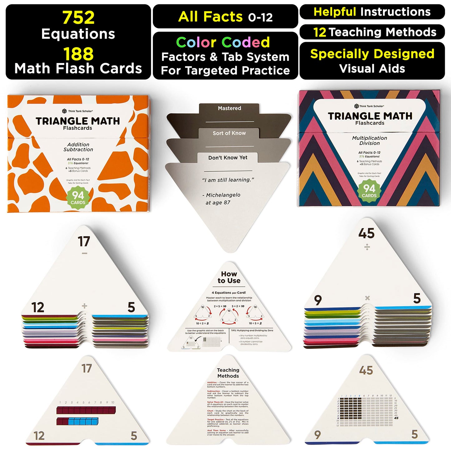 Think Tank Scholar Triangle Math Flash Cards – 752 Facts (Add, Subtract, Multiply & Divide) for Grades K–6