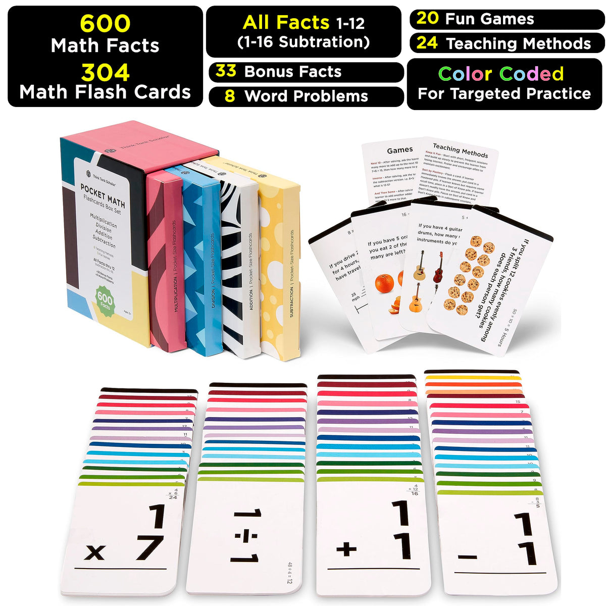 Think Tank Scholar: Award-Winning 600 Facts Math Flash Cards for Grades 1–6 – 2 Facts Per Card, 20 Games, 8 Word Problems