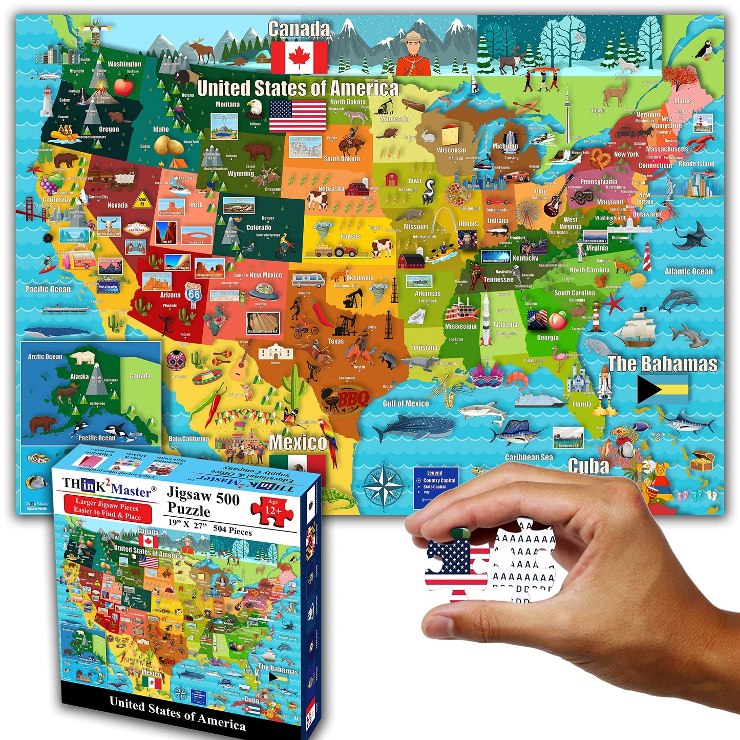 Think2Master Colorful USA Map Puzzle – 504-Piece Large Jigsaw (26.8 x 18.9 in)