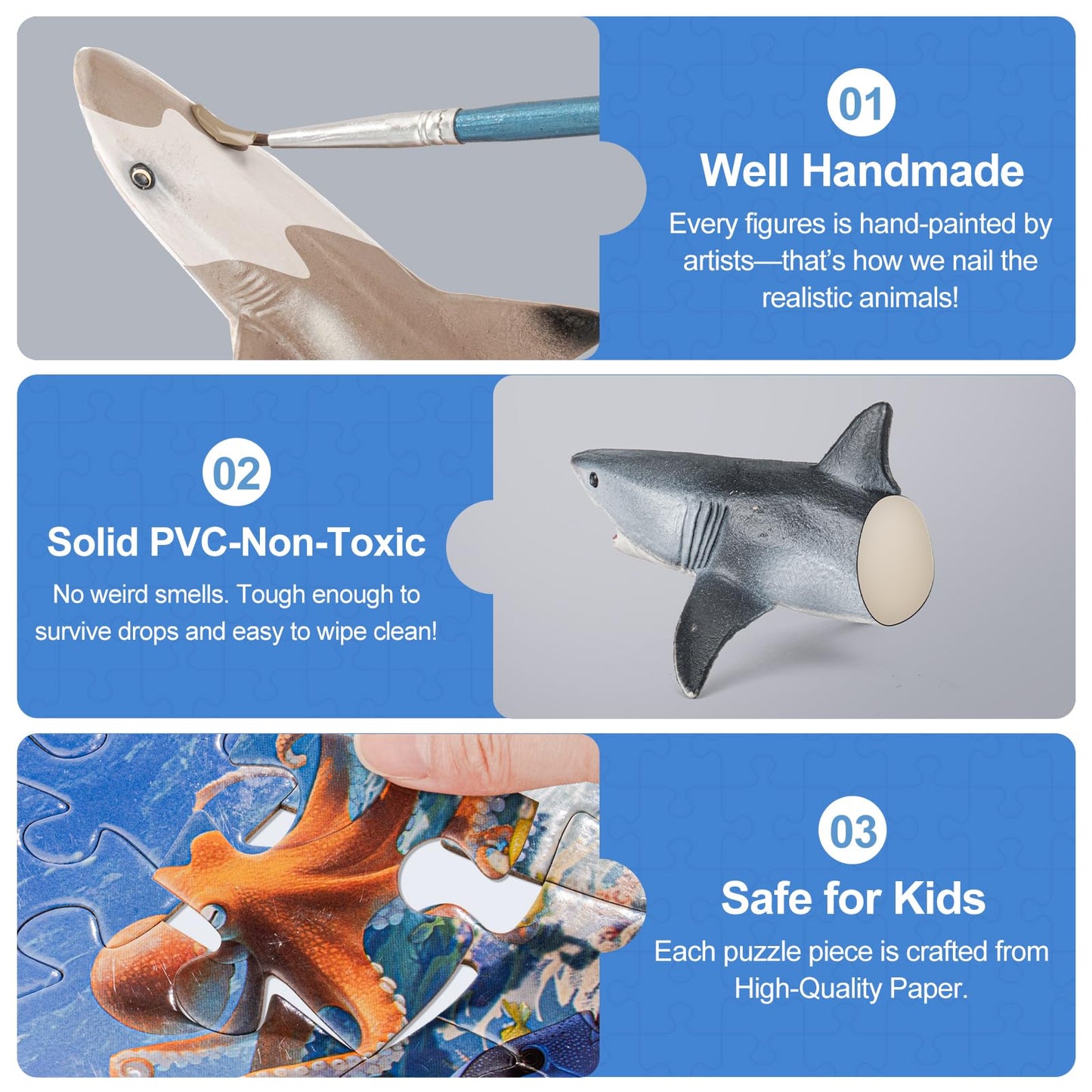 THINKBAY Shark Toys: 10 Realistic Shark Figurines + 67-Piece Ocean Puzzle