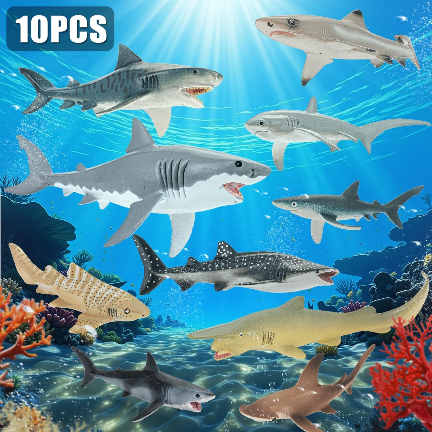 THINKBAY Shark Toys: 10 Realistic Shark Figurines + 67-Piece Ocean Puzzle