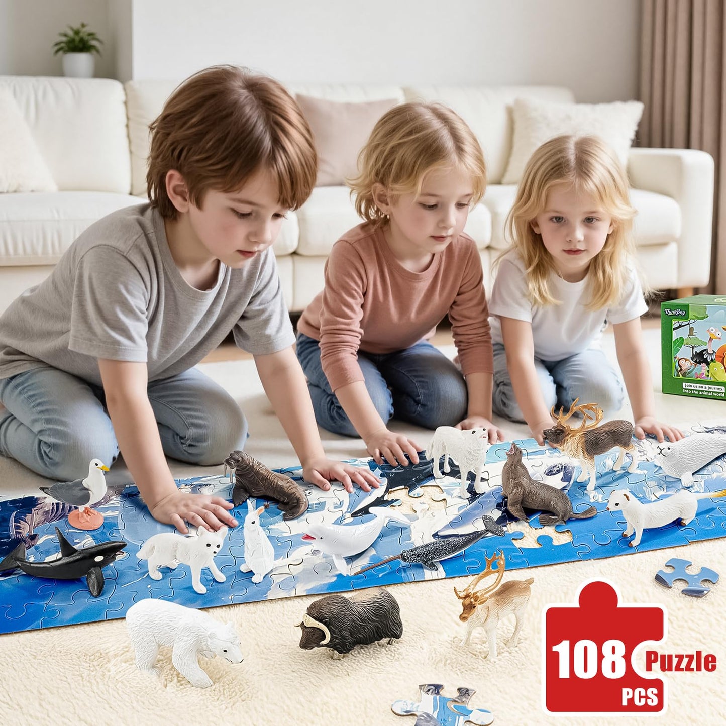 THINKBAY Arctic Animals Figurines + 108-Piece Large Arctic Puzzle – 16 Figurines for Preschoolers