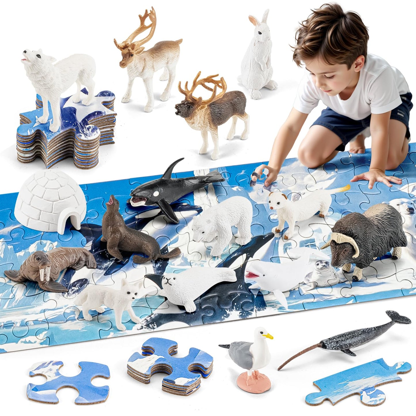 THINKBAY Arctic Animals Figurines + 108-Piece Large Arctic Puzzle – 16 Figurines for Preschoolers