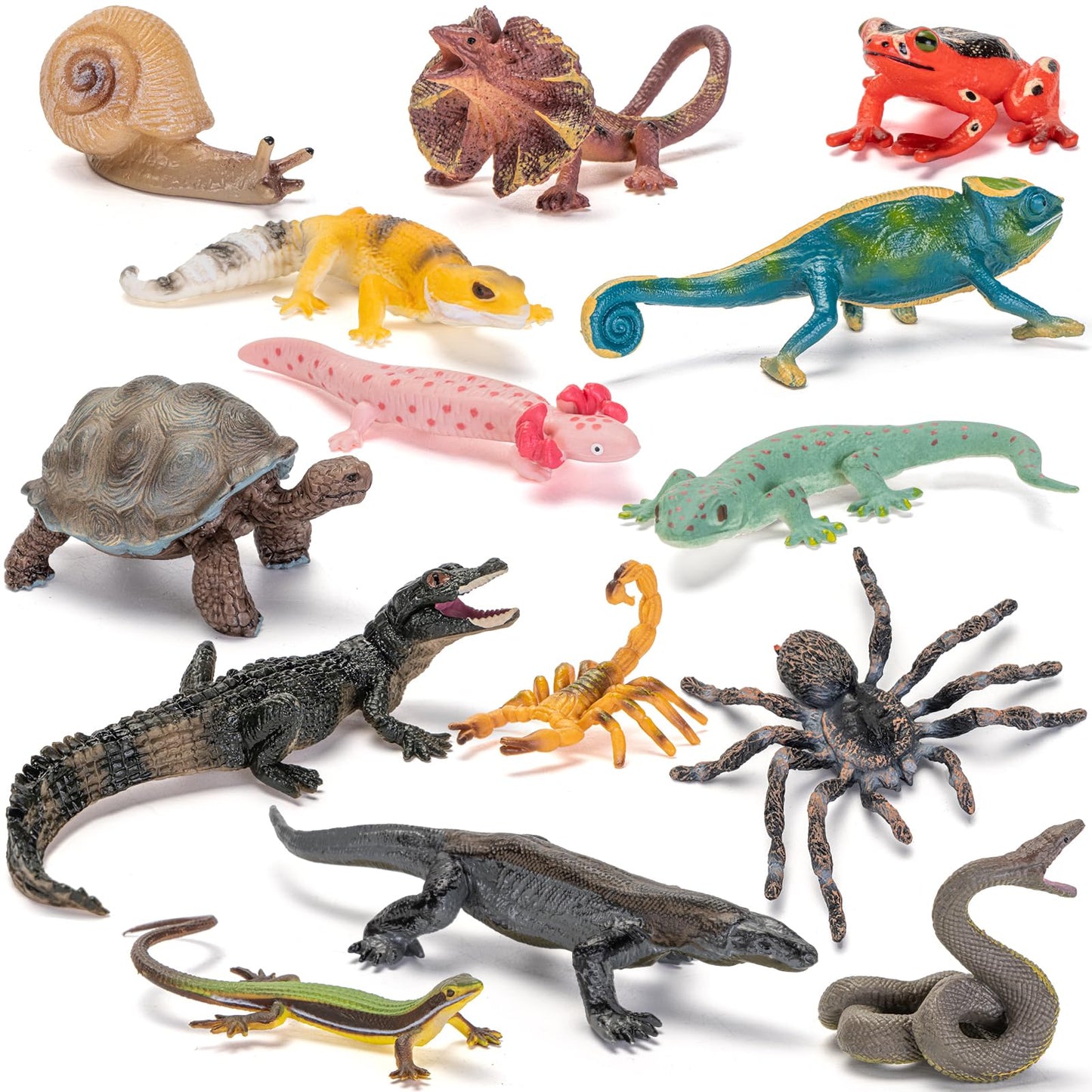 THINKBAY 14PCS Reptile & Amphibian Figurines - Realistic PVC Animals for Education, Dioramas & Play