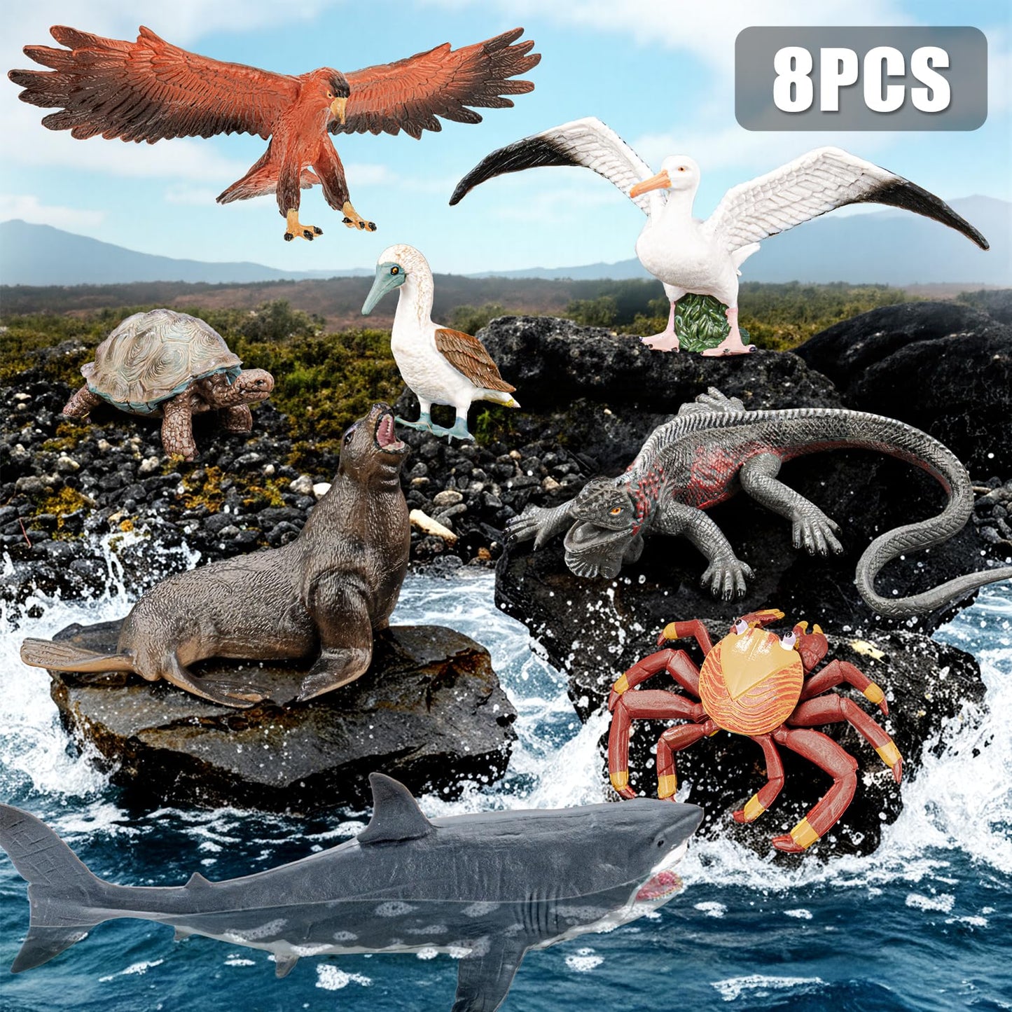 THINKBAY 8PCS Galapagos Island Animal Figurines Set | Realistic Ocean Toys