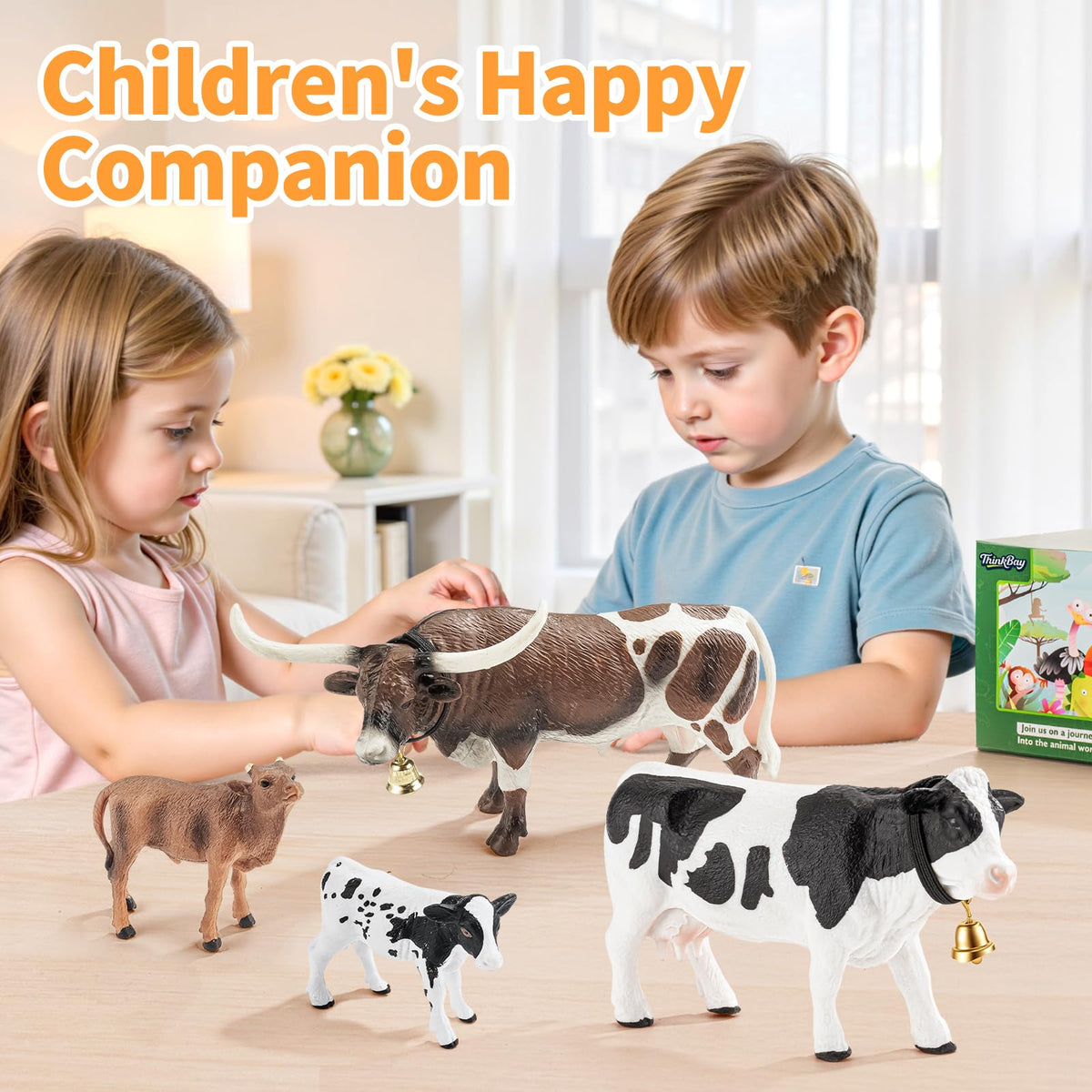 THINKBAY 4-Piece Farm Animal Figurines: White Holstein & Texas Longhorn Cows