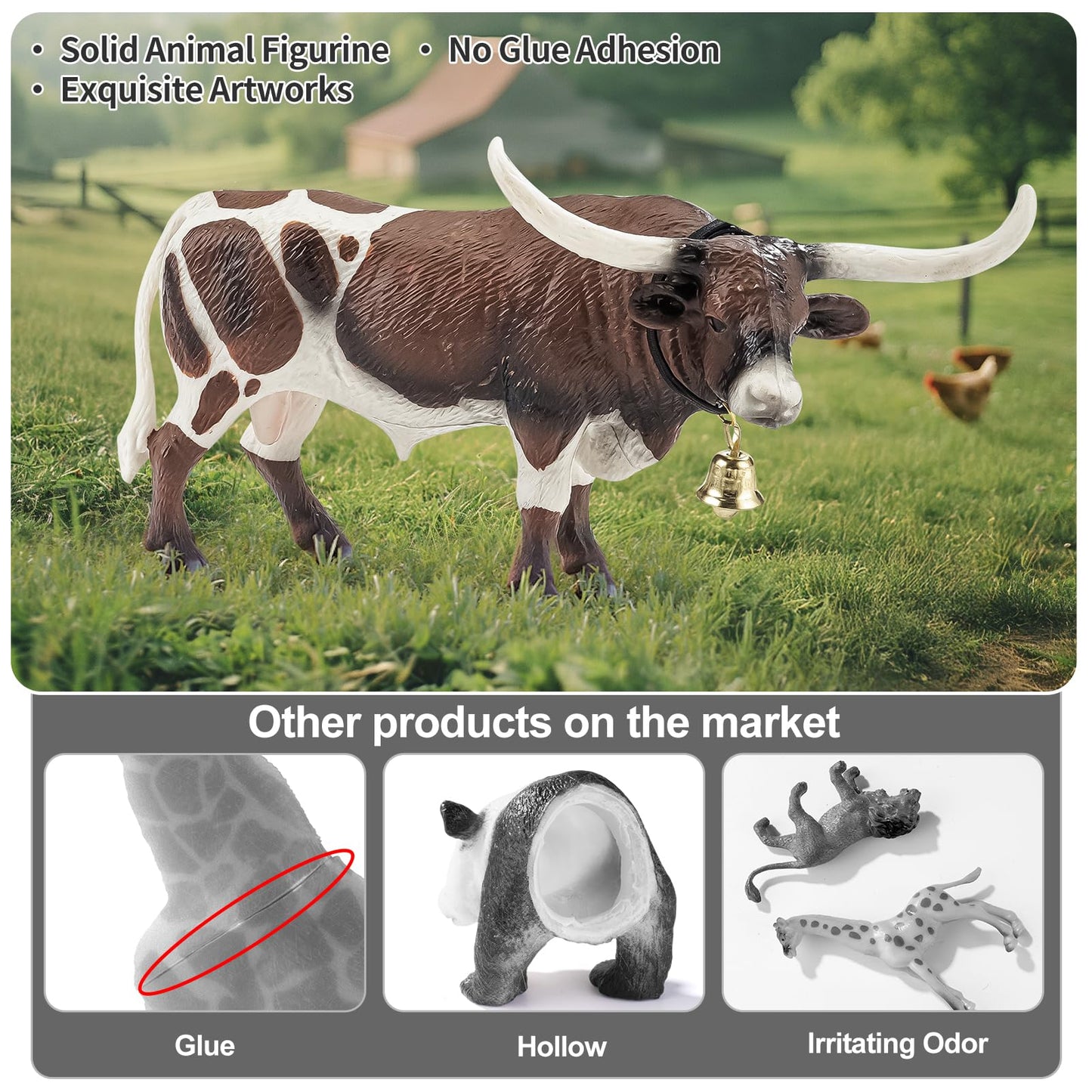 THINKBAY 4-Piece Farm Animal Figurines: White Holstein & Texas Longhorn Cows