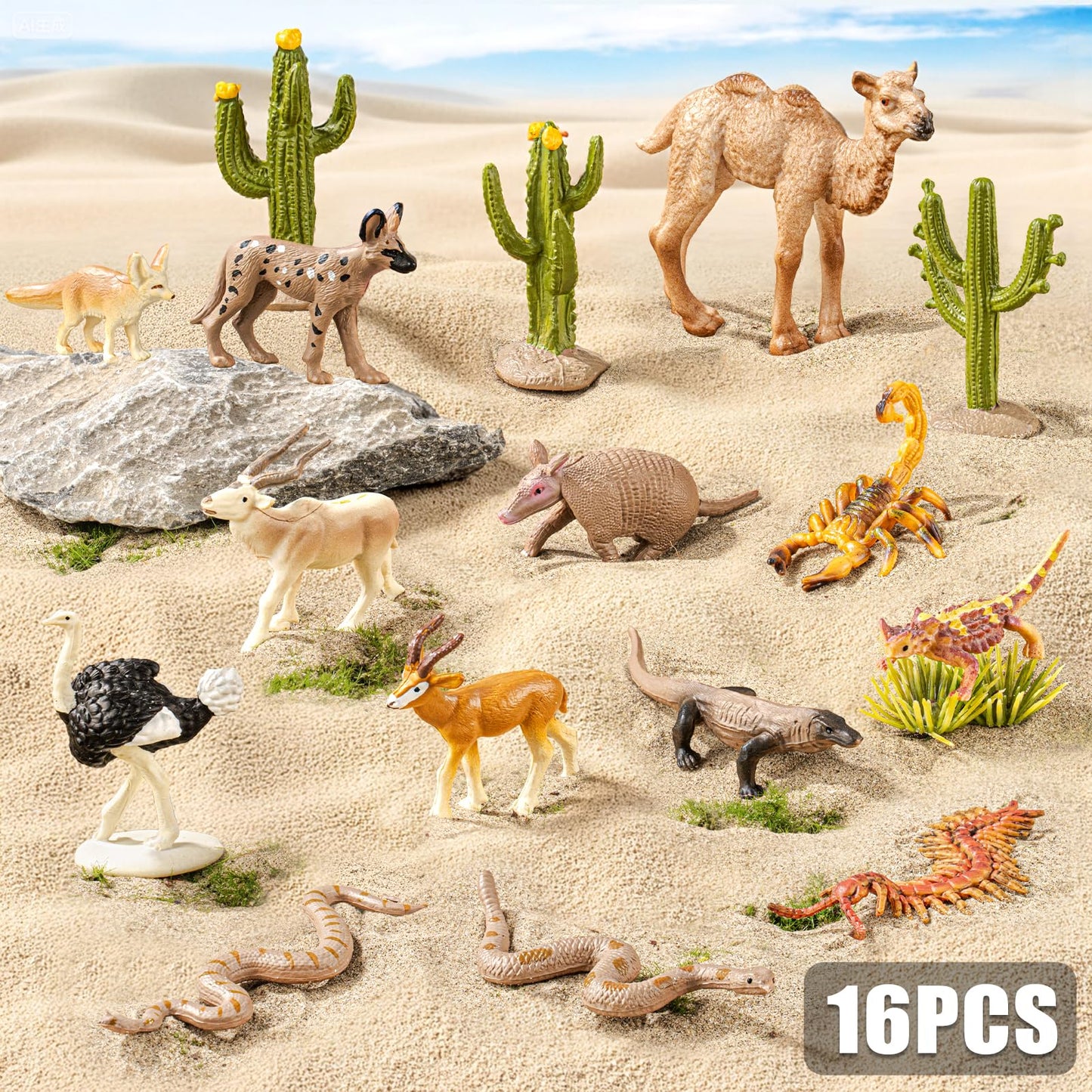 THINKBAY 16Pcs Desert Animals Figures for Kids – Safe Lizard, Camel, Cobra & Cactus Diorama Toys