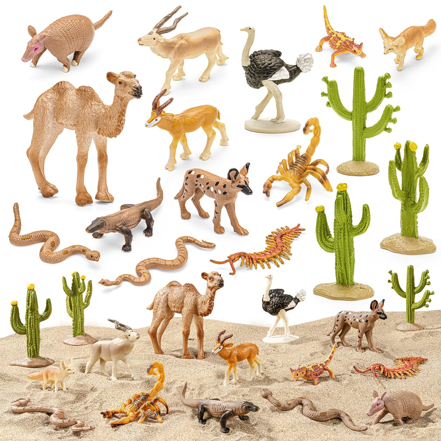 THINKBAY 16Pcs Desert Animals Figures for Kids – Safe Lizard, Camel, Cobra & Cactus Diorama Toys