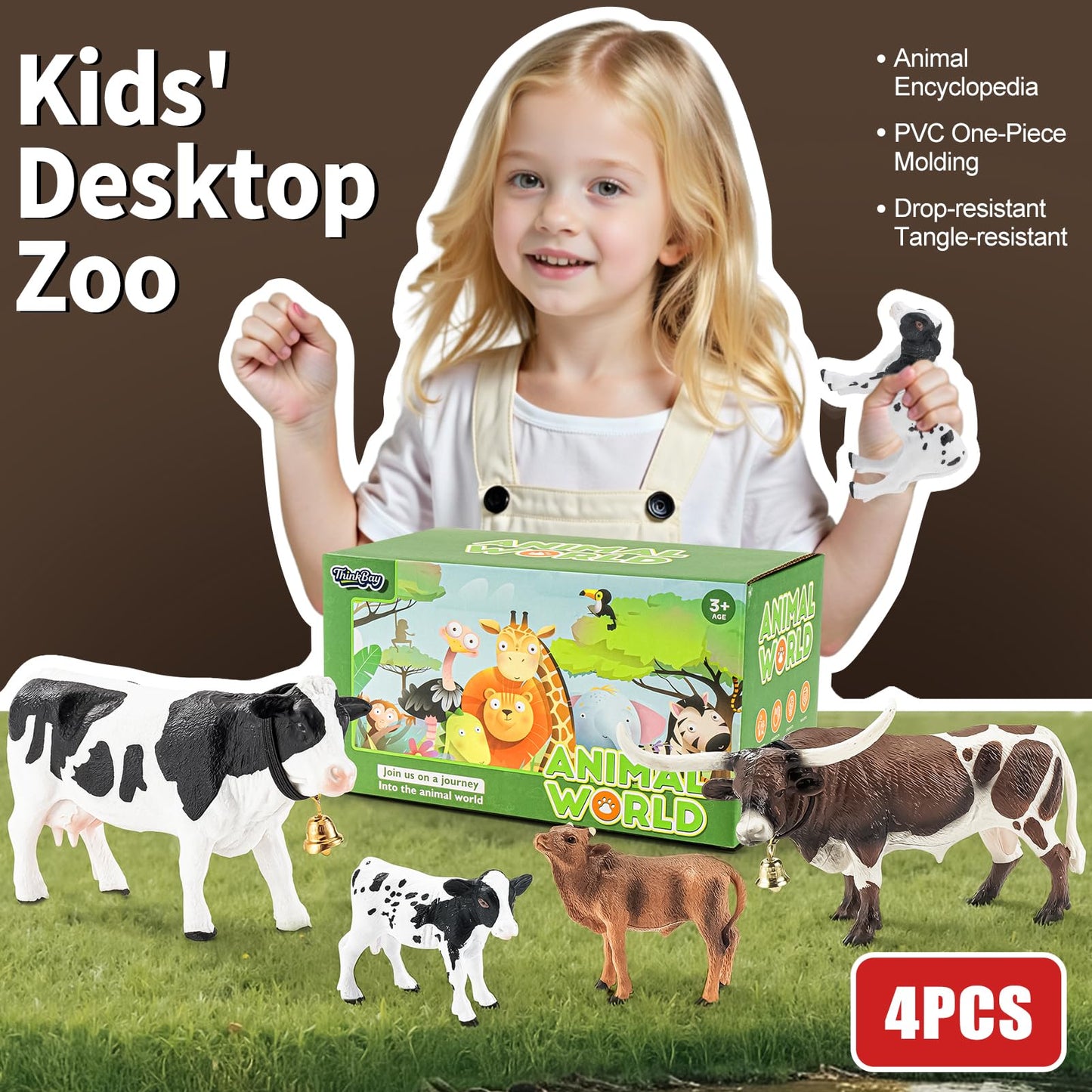 THINKBAY 4-Piece Farm Animal Figurines: White Holstein & Texas Longhorn Cows