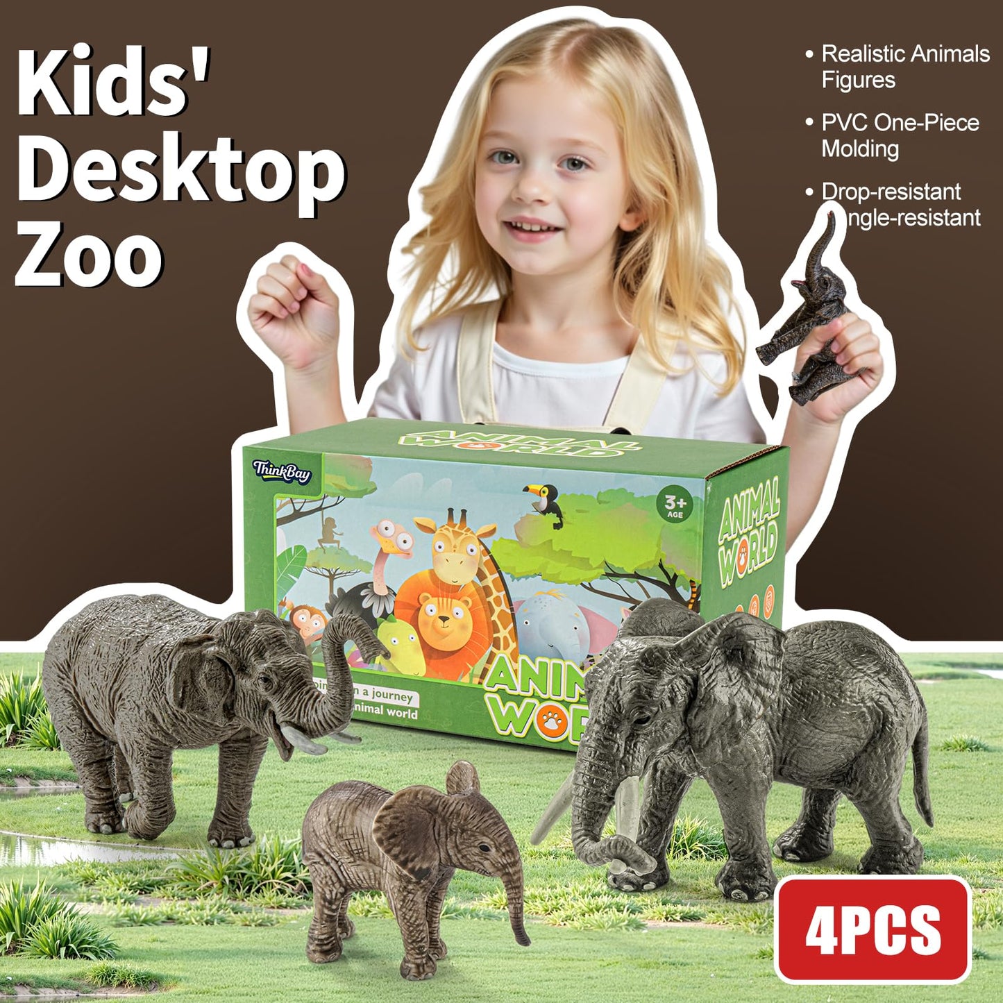 ThinkBAY 4PCS Safari Elephant Figurines for Kids – Safe PVC Zoo Animals Toys