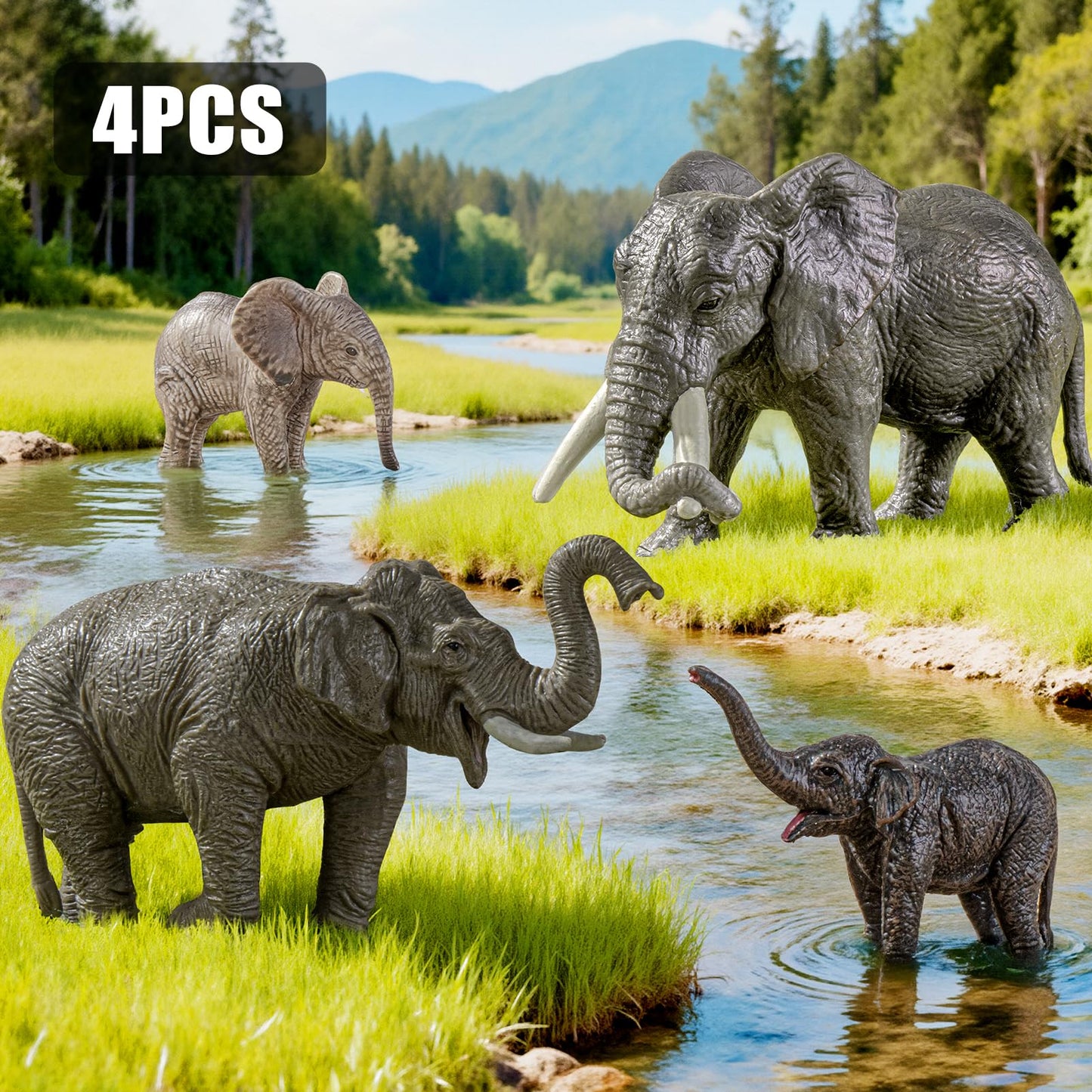 ThinkBAY 4PCS Safari Elephant Figurines for Kids – Safe PVC Zoo Animals Toys