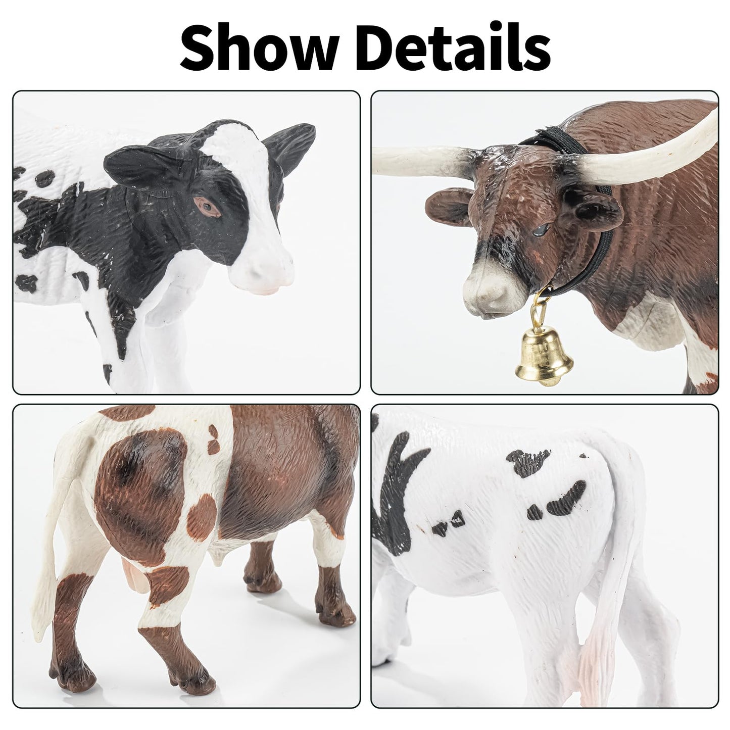 THINKBAY 4-Piece Farm Animal Figurines: White Holstein & Texas Longhorn Cows