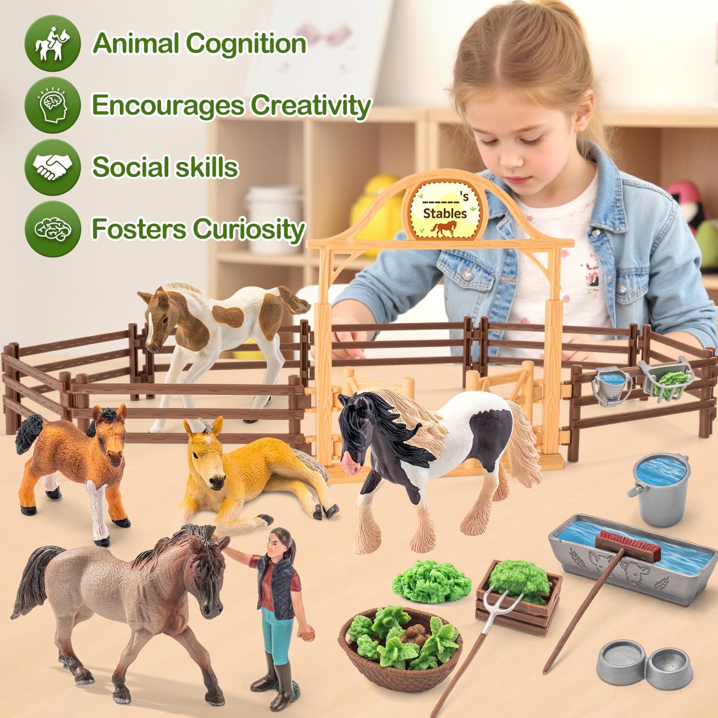 THINKBAY 35-Piece Horses Toys Set – Realistic Stable Playset for Kids