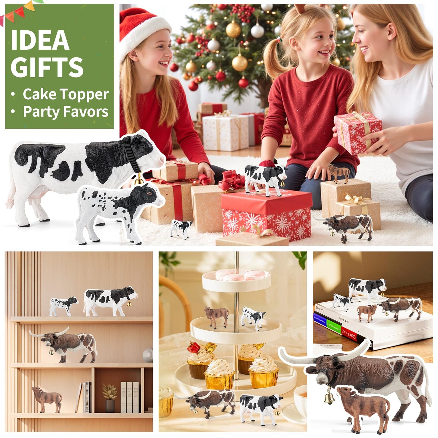 THINKBAY 4-Piece Farm Animal Figurines: White Holstein & Texas Longhorn Cows