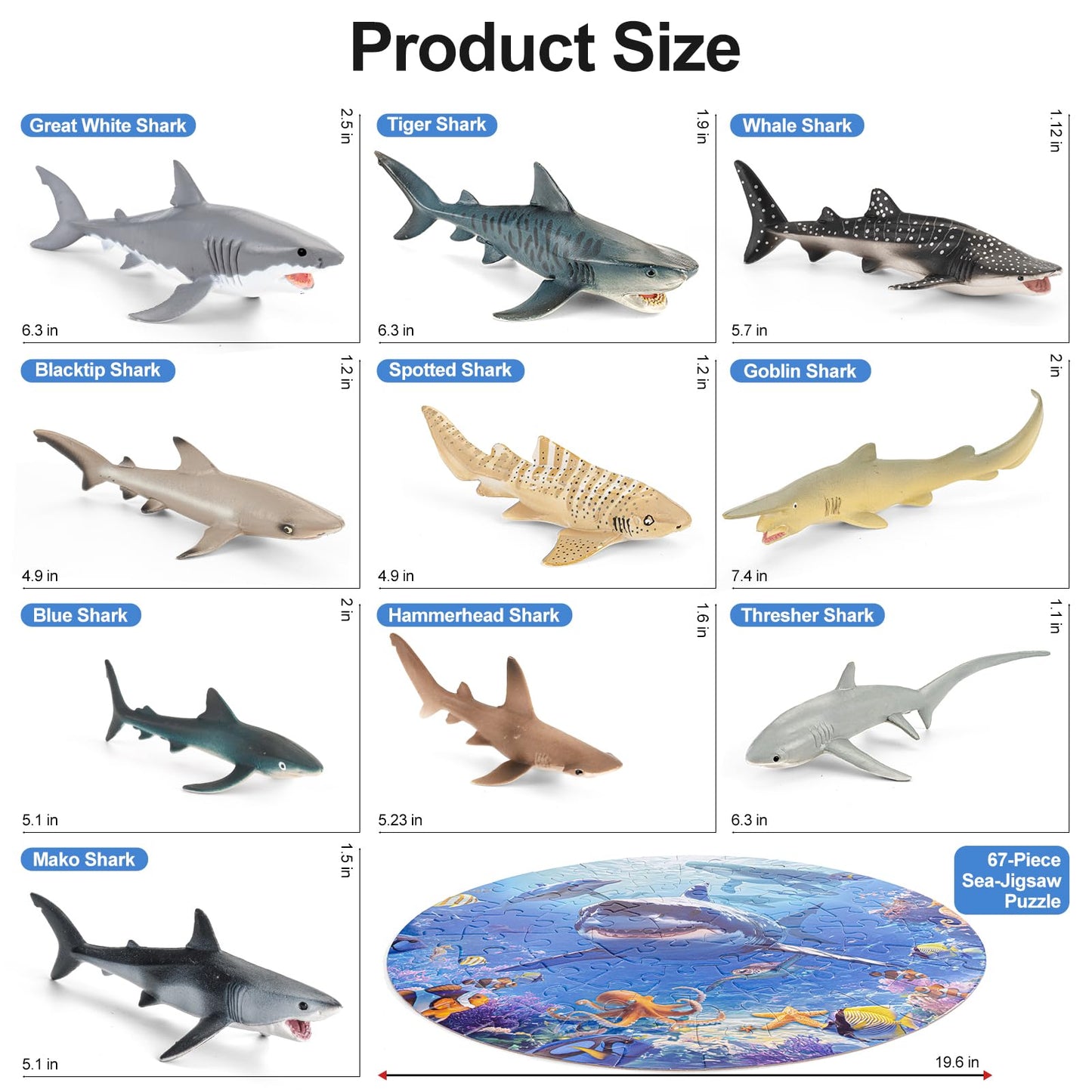 THINKBAY Shark Toys: 10 Realistic Shark Figurines + 67-Piece Ocean Puzzle