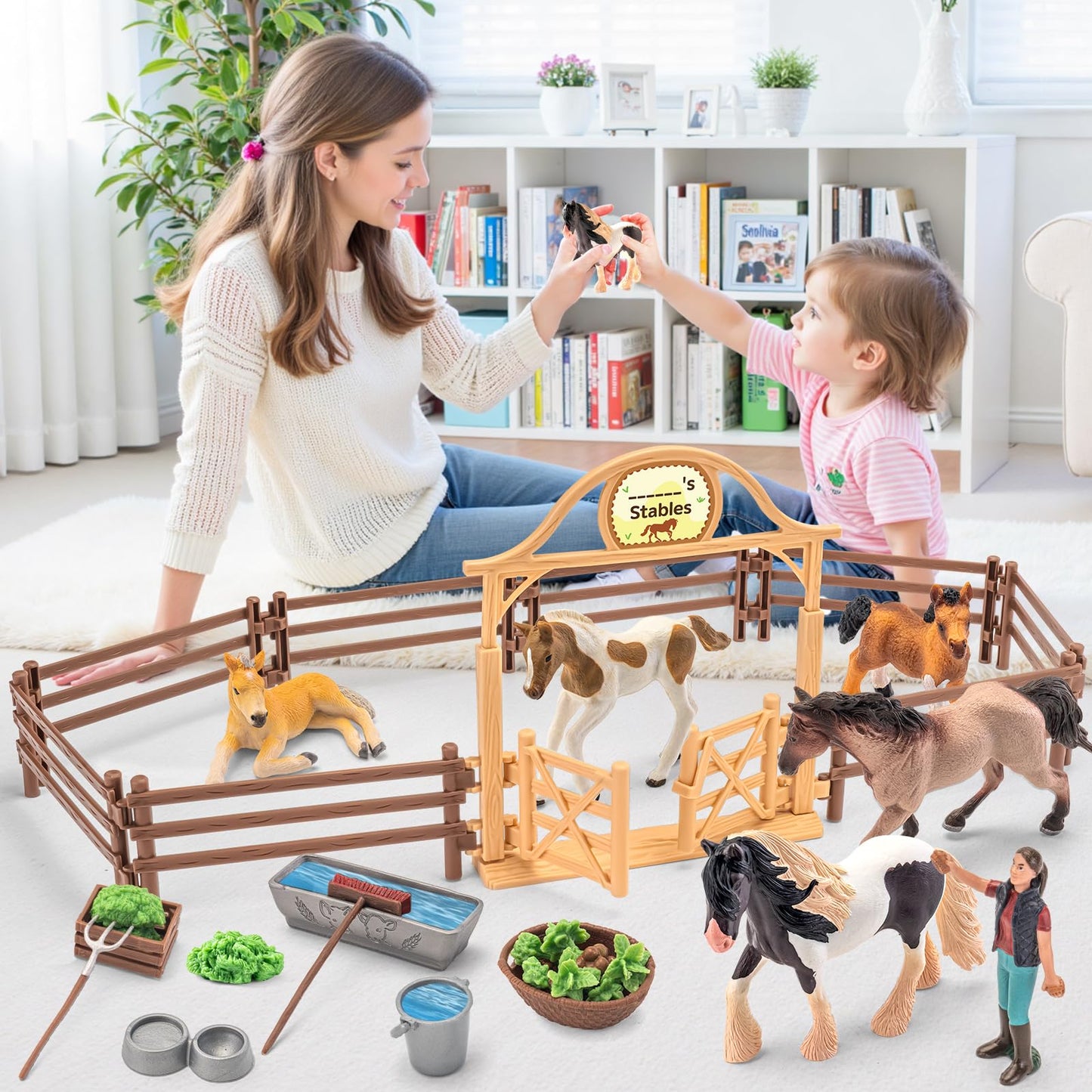 THINKBAY 35-Piece Horses Toys Set – Realistic Stable Playset for Kids