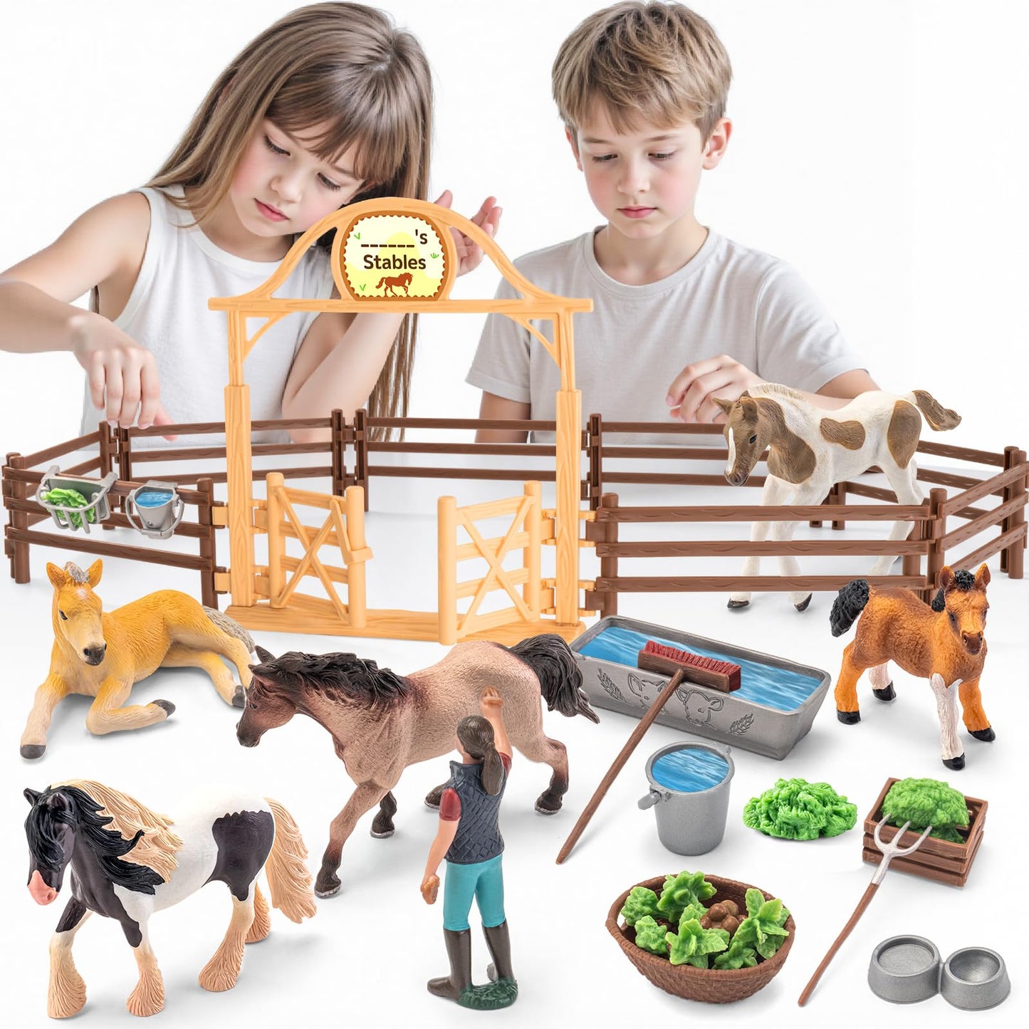 THINKBAY 35-Piece Horses Toys Set – Realistic Stable Playset for Kids