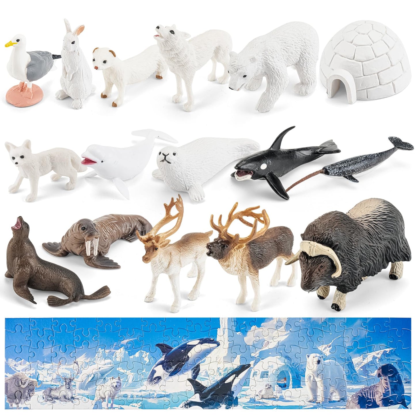 THINKBAY Arctic Animals Figurines + 108-Piece Large Arctic Puzzle – 16 Figurines for Preschoolers