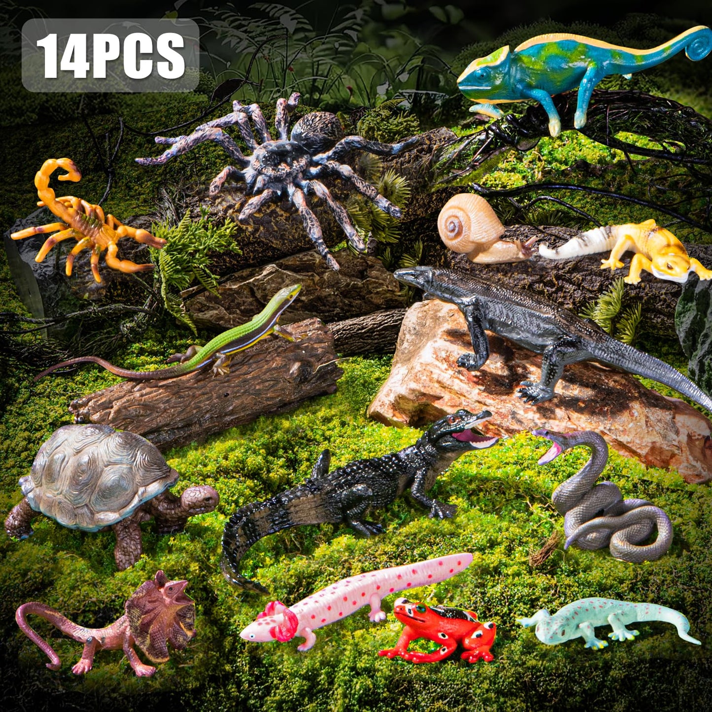 THINKBAY 14PCS Reptile & Amphibian Figurines - Realistic PVC Animals for Education, Dioramas & Play