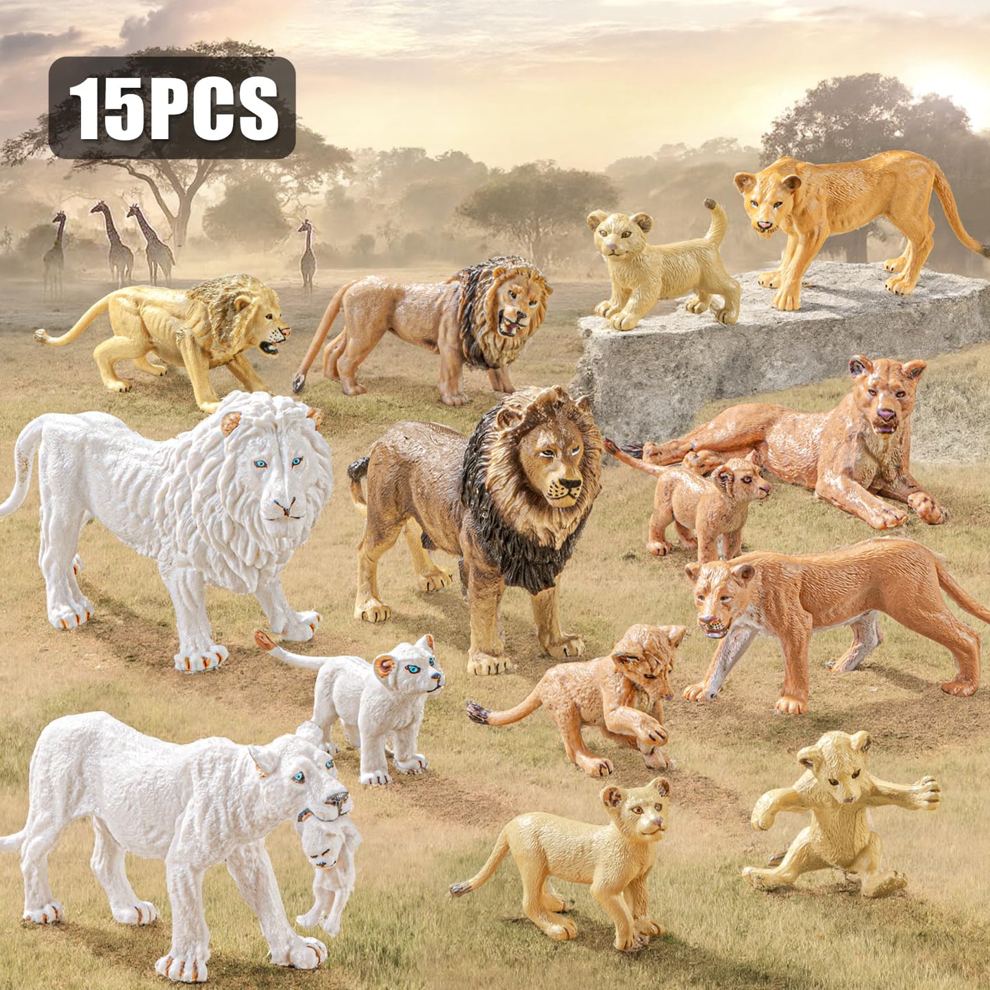 THINKBAY 15PCS Lion Figurines – Realistic Lion Family for Kids, Cake Toppers & Play