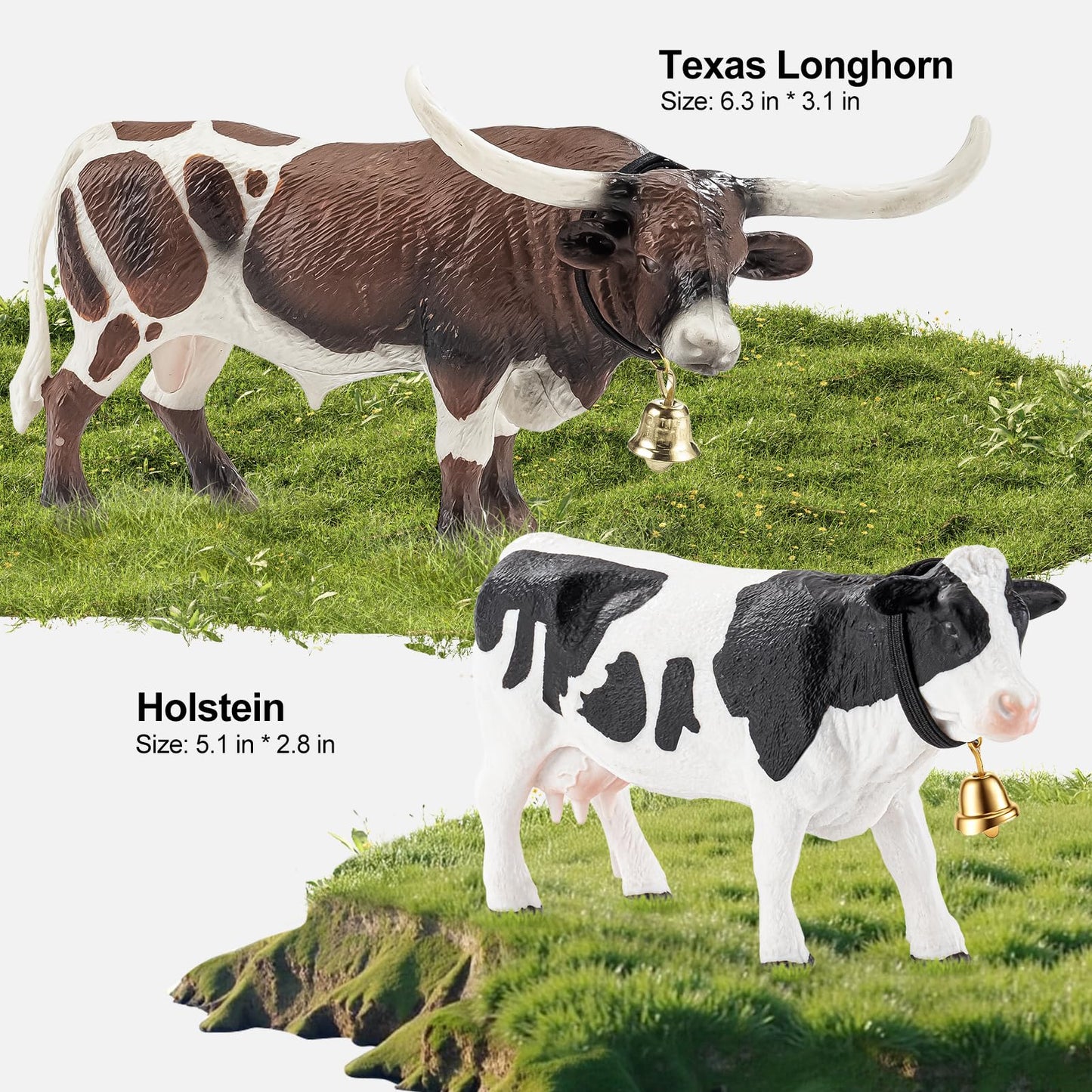 THINKBAY 4-Piece Farm Animal Figurines: White Holstein & Texas Longhorn Cows