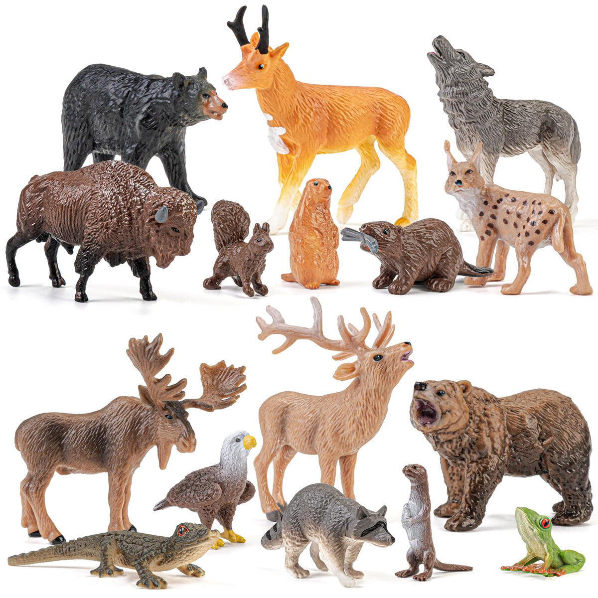 THINKBAY 16PCS Mini North American Woodland Animals Figurines – Realistic PVC Toys for Kids