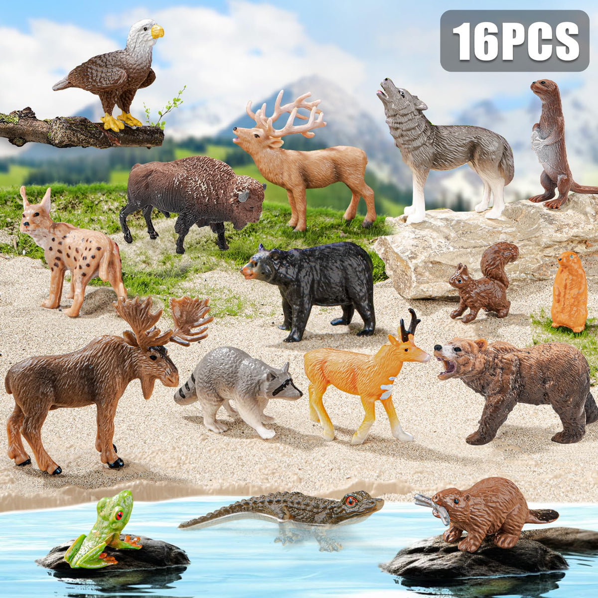THINKBAY 16PCS Mini North American Woodland Animals Figurines – Realistic PVC Toys for Kids