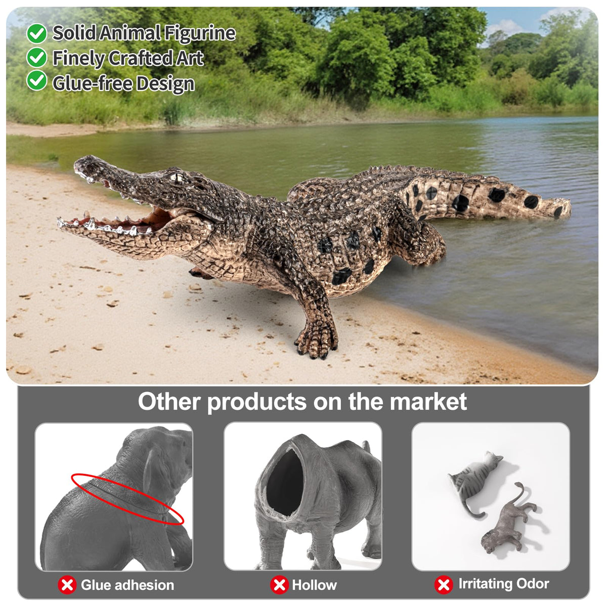 THINKBAY 4PCS Safari Crocodile Toy Figures – Realistic Alligators, Caiman & Nile Crocodile for Kids