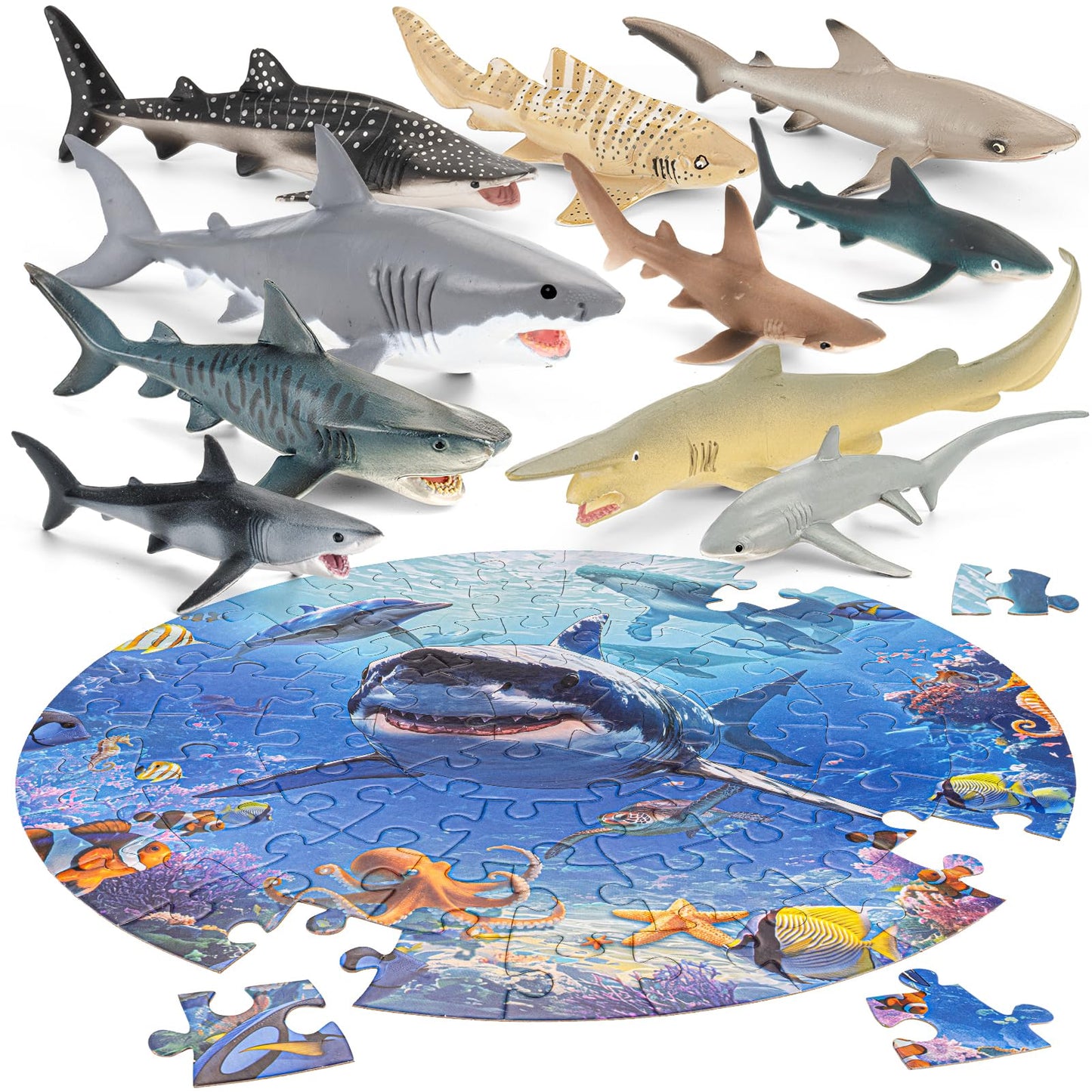 THINKBAY Shark Toys: 10 Realistic Shark Figurines + 67-Piece Ocean Puzzle