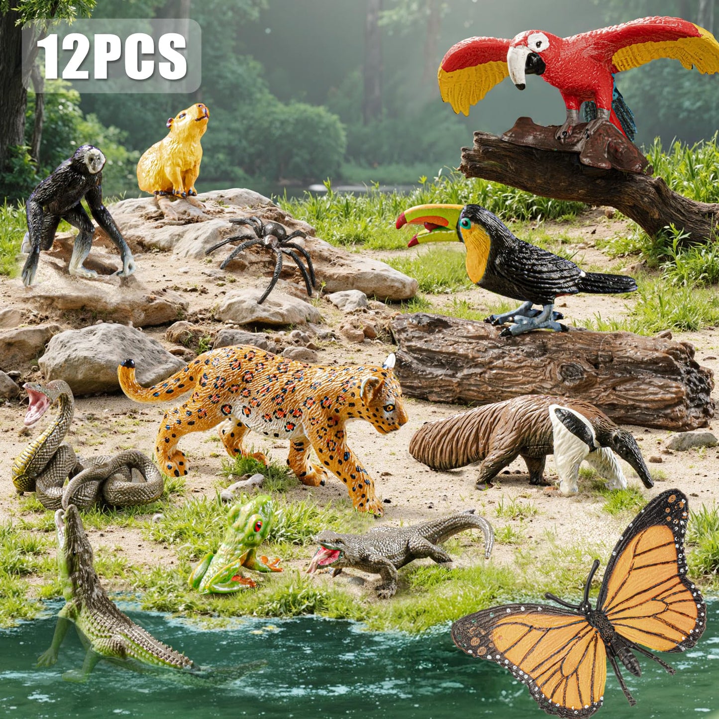 THINKBAY 12PCS Realistic Rainforest Animal Figures – Jungle Diorama & Learning Toys for Toddlers