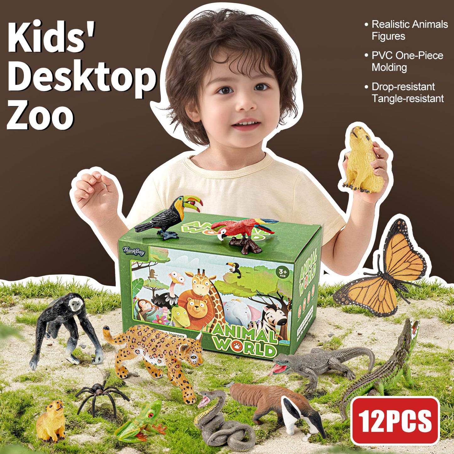 THINKBAY 12PCS Realistic Rainforest Animal Figures – Jungle Diorama & Learning Toys for Toddlers