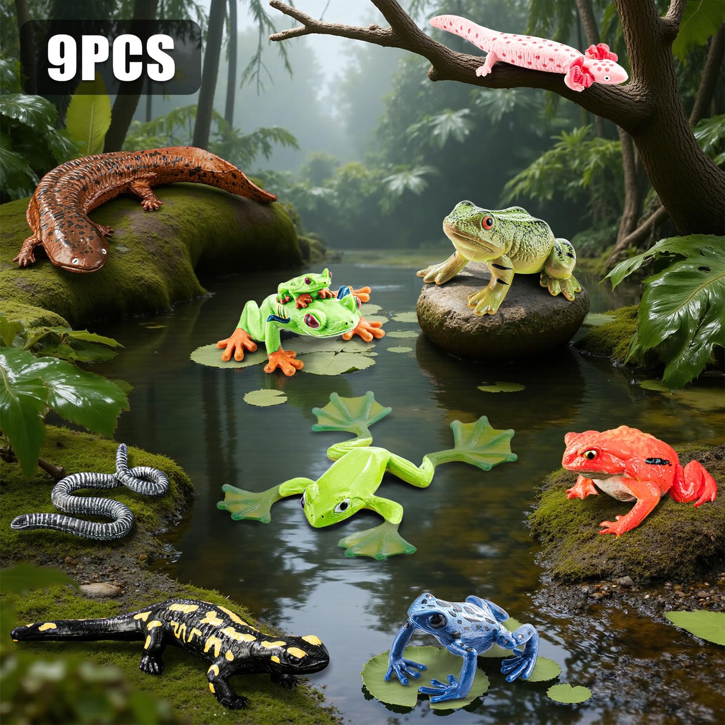 THINKBAY 9PCS Amphibian Figures – Realistic Rainforest Toys for Kids, Classroom Play & Party Favors