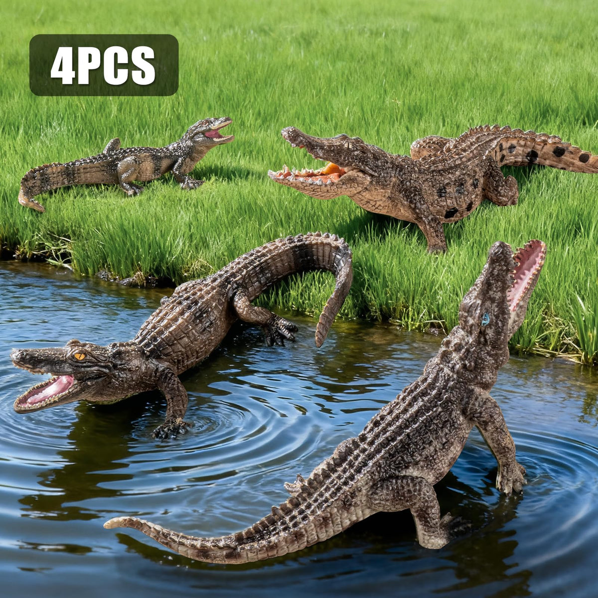 THINKBAY 4PCS Safari Crocodile Toy Figures – Realistic Alligators, Caiman & Nile Crocodile for Kids
