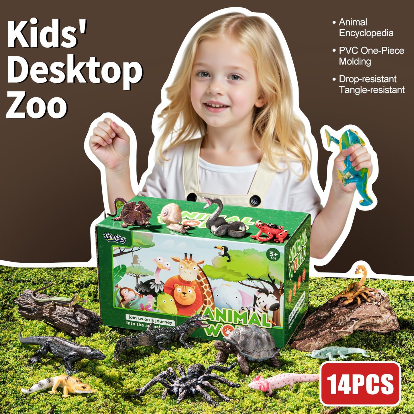 THINKBAY 14PCS Reptile & Amphibian Figurines - Realistic PVC Animals for Education, Dioramas & Play