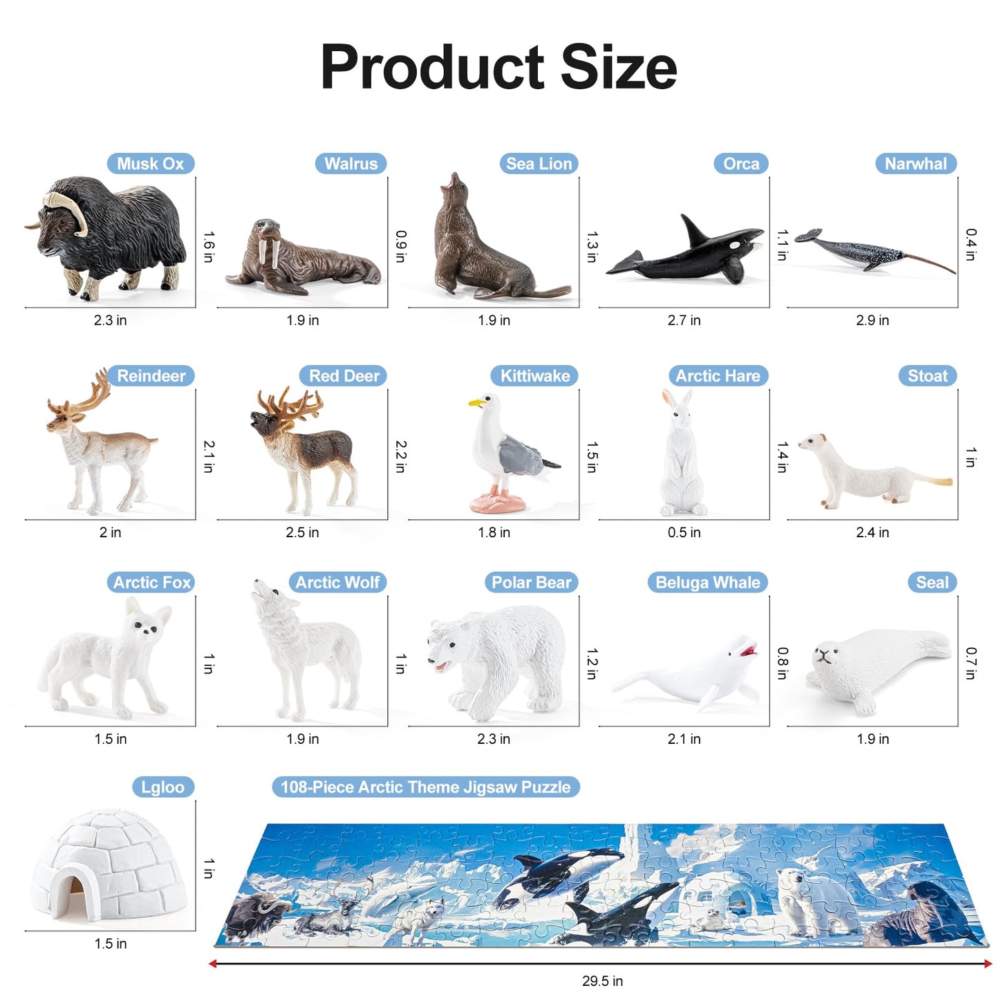 THINKBAY Arctic Animals Figurines + 108-Piece Large Arctic Puzzle – 16 Figurines for Preschoolers