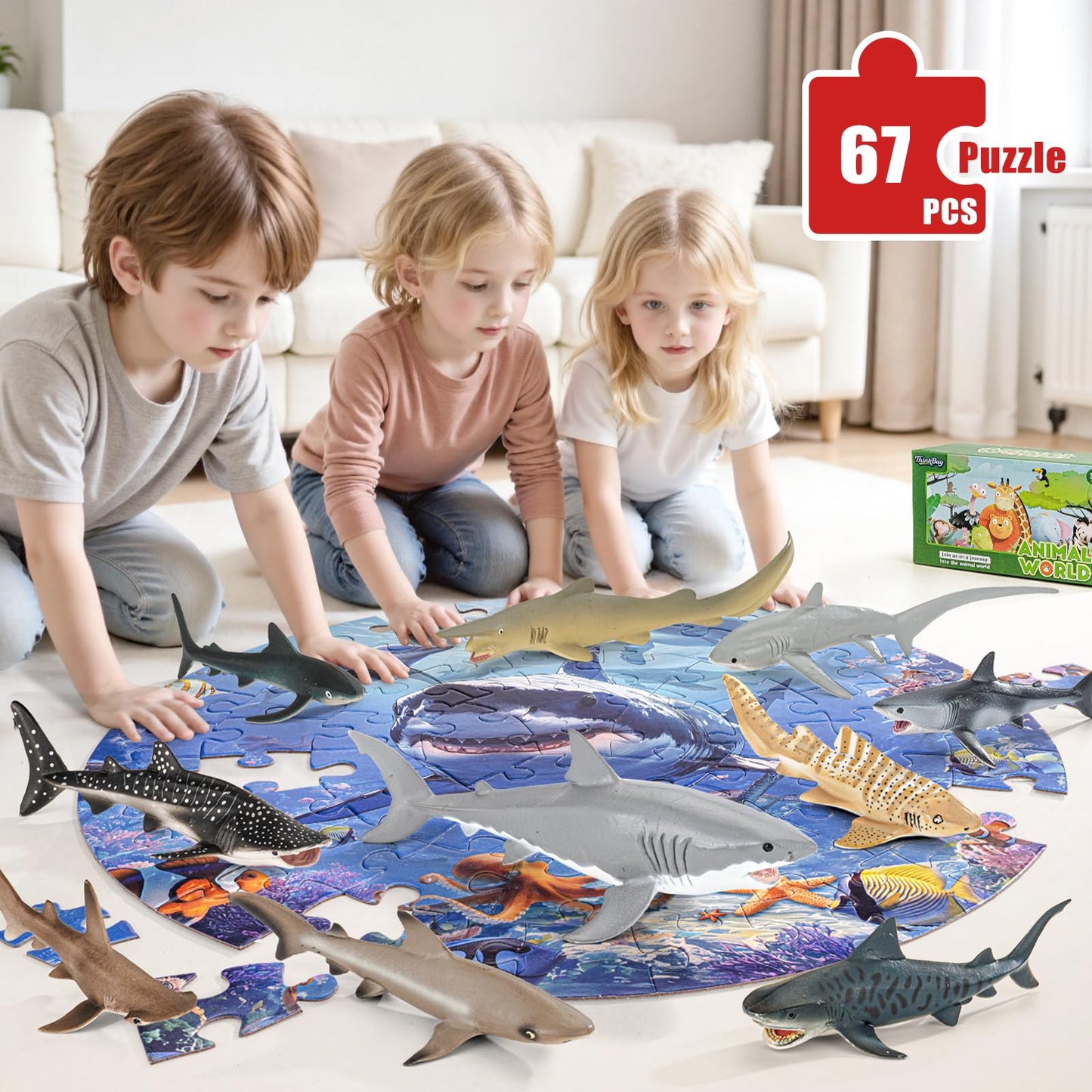 THINKBAY Shark Toys: 10 Realistic Shark Figurines + 67-Piece Ocean Puzzle