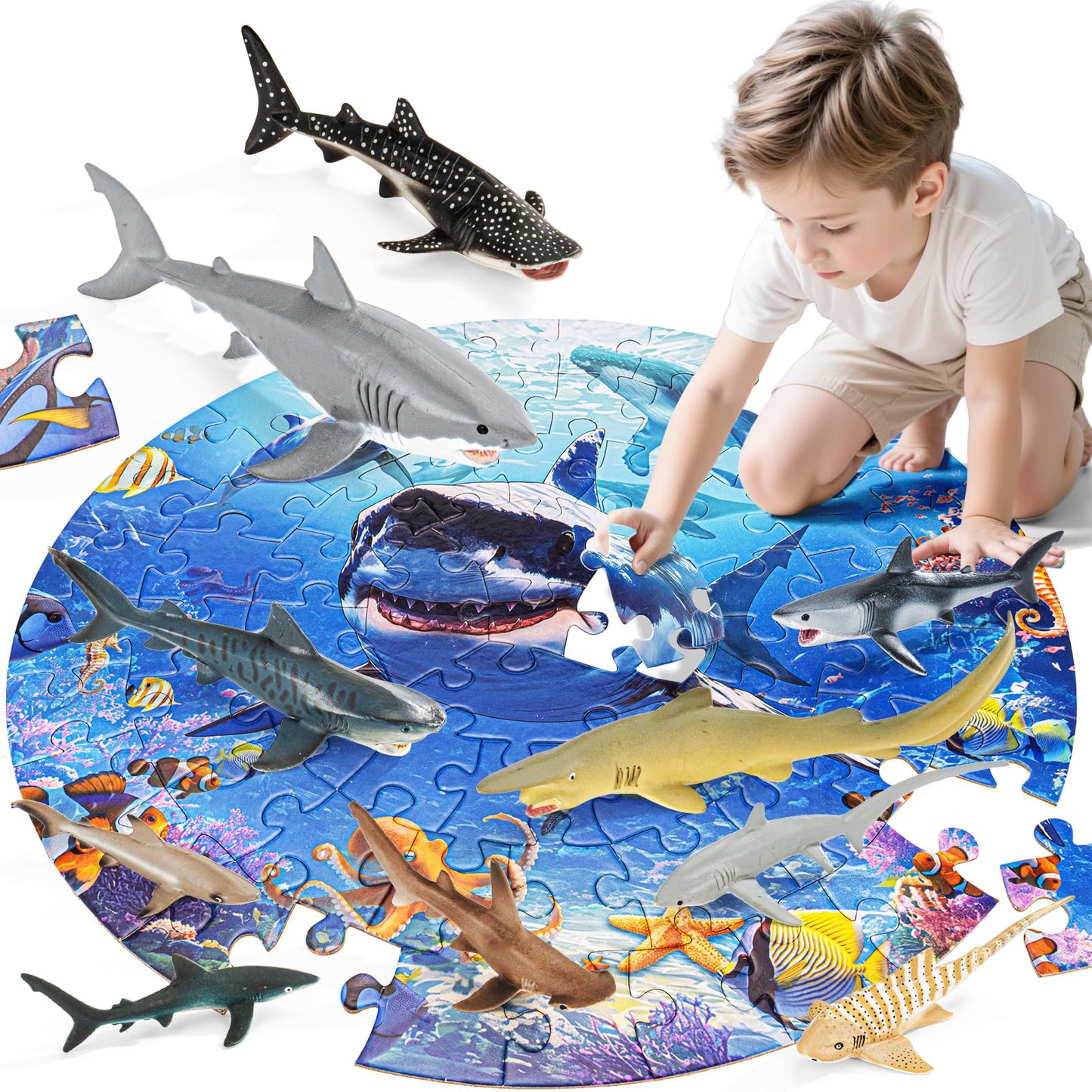THINKBAY Shark Toys: 10 Realistic Shark Figurines + 67-Piece Ocean Puzzle